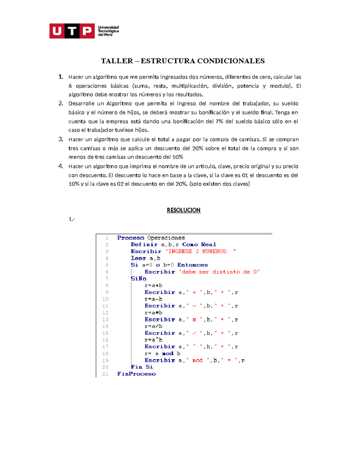 Taller 4 - Estructuras condicionales-convertido - TALLER – ESTRUCTURA ...