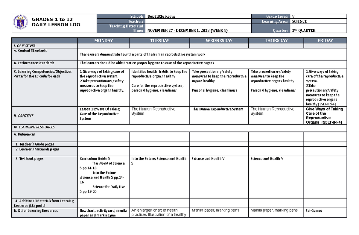 Dll Science 5 Q2 W4 - Hope It Will Be Helpful - Grades 1 To 12 Daily 