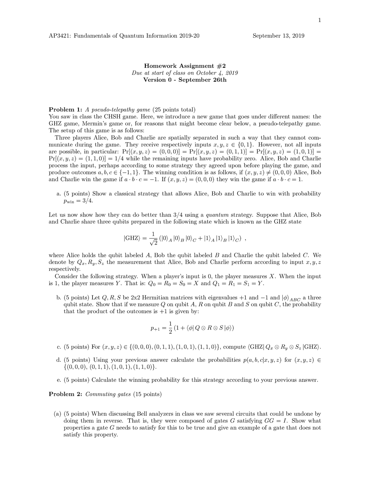 Homework 2 Ap3421 1 Ap3421 Fundamentals Of Quantum Information 19 September 13 19 Studeersnel