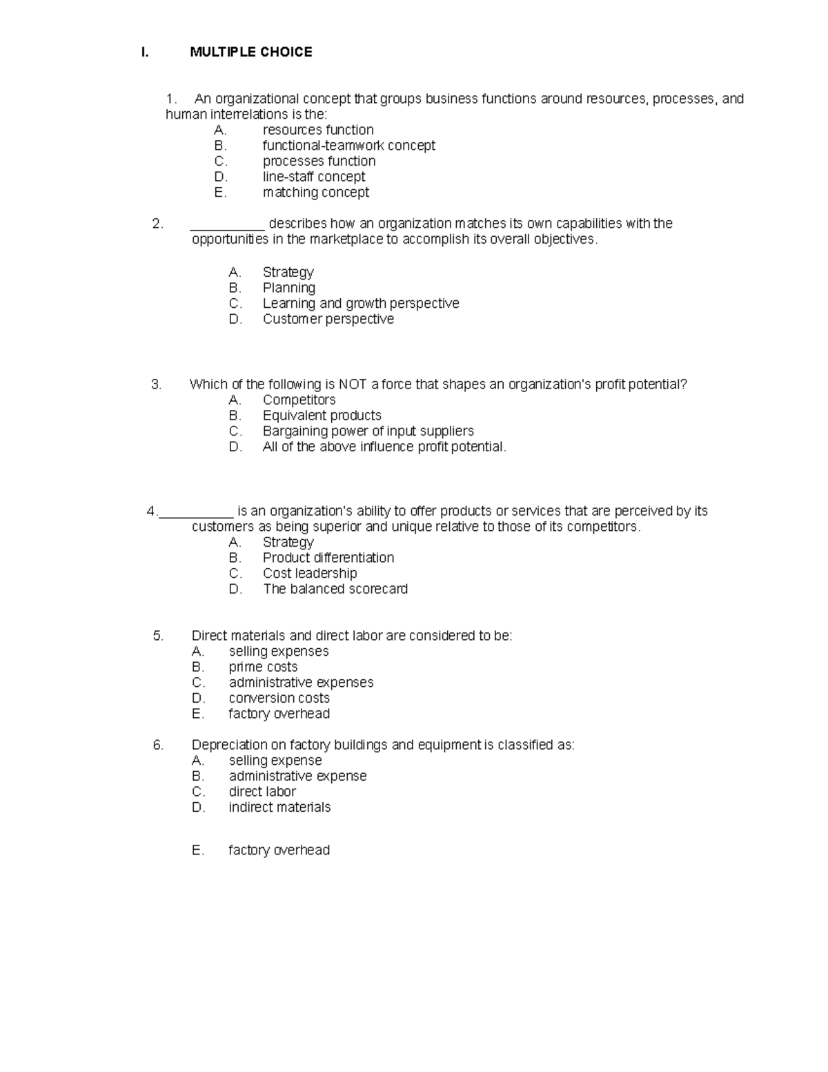 Strategic Cost Management Midterm Exam - I. MULTIPLE CHOICE An ...