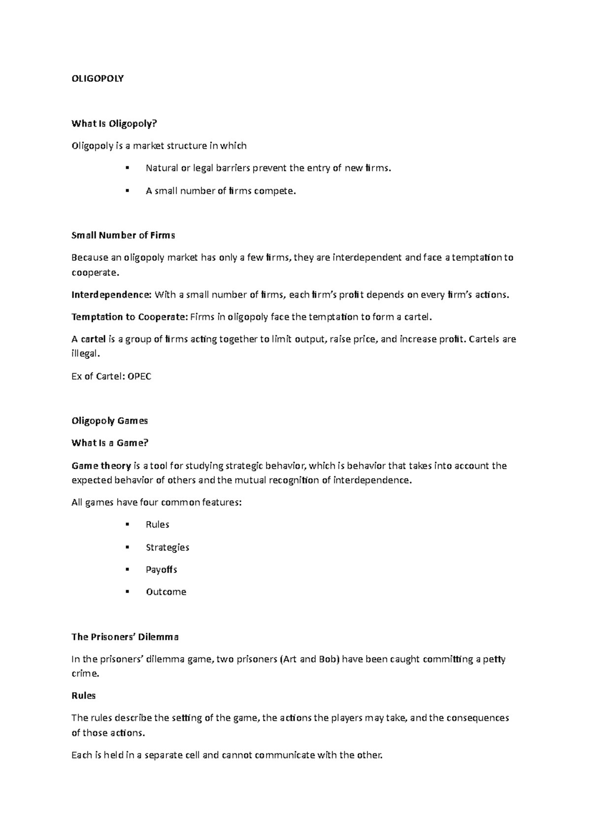 E201 Chapter 15 Notes - OLIGOPOLY What Is Oligopoly? Oligopoly is a ...
