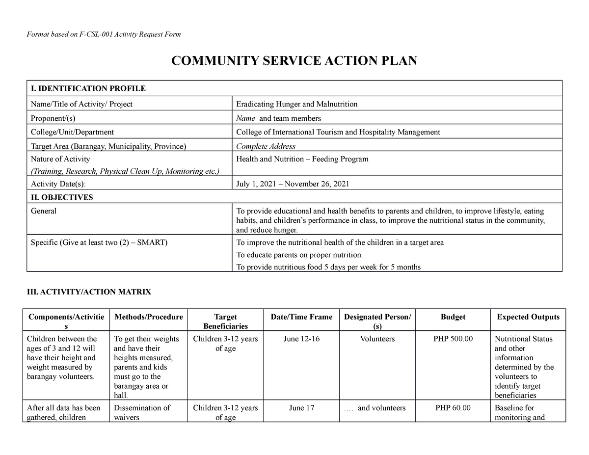 NSTP Community Service Action Plan Format Based On F CSL 001 