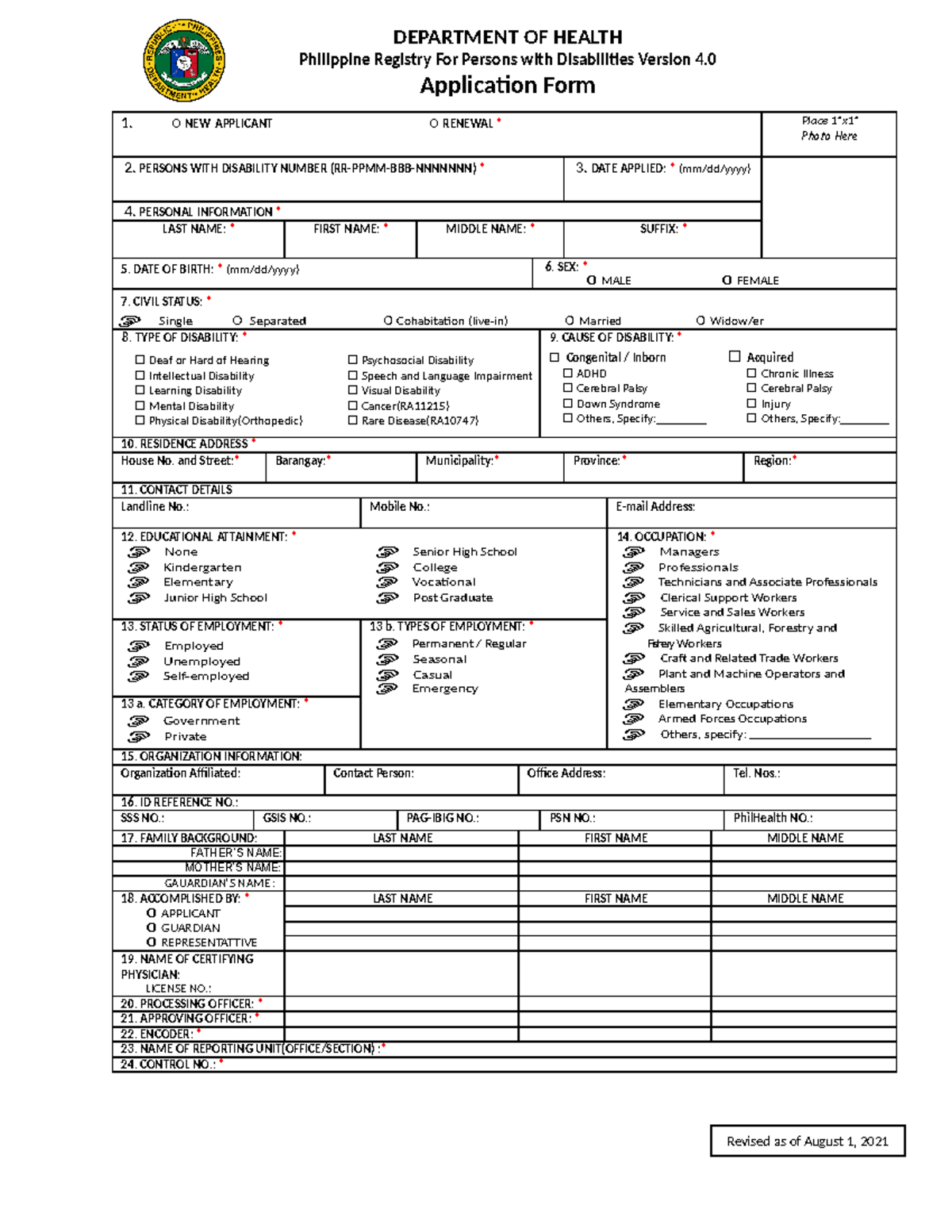 PWD Application Form 4 DEPARTMENT OF HEALTH Philippine Registry For