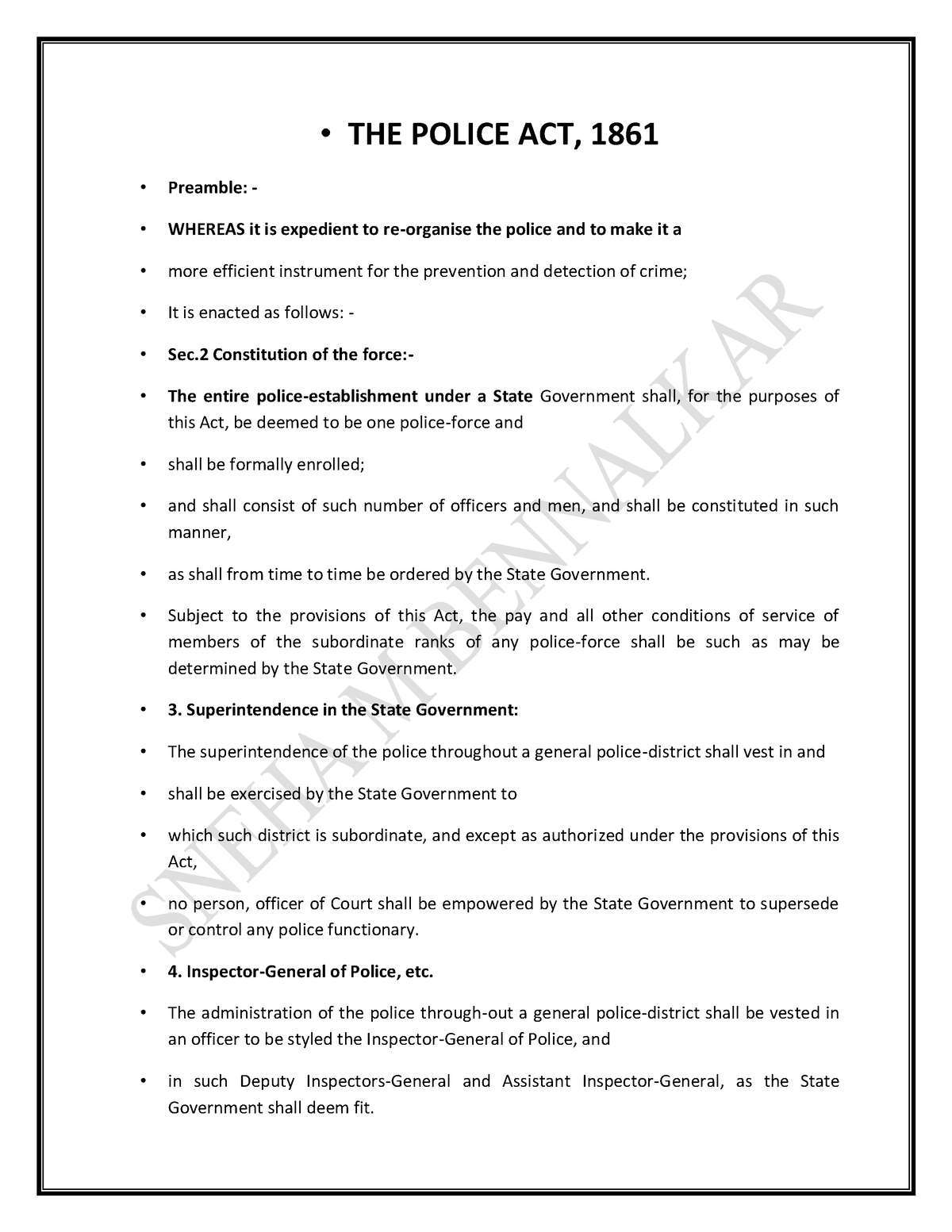 THE Police ACT- Notes 2023 - • THE POLICE ACT, 1861 Preamble: - WHEREAS