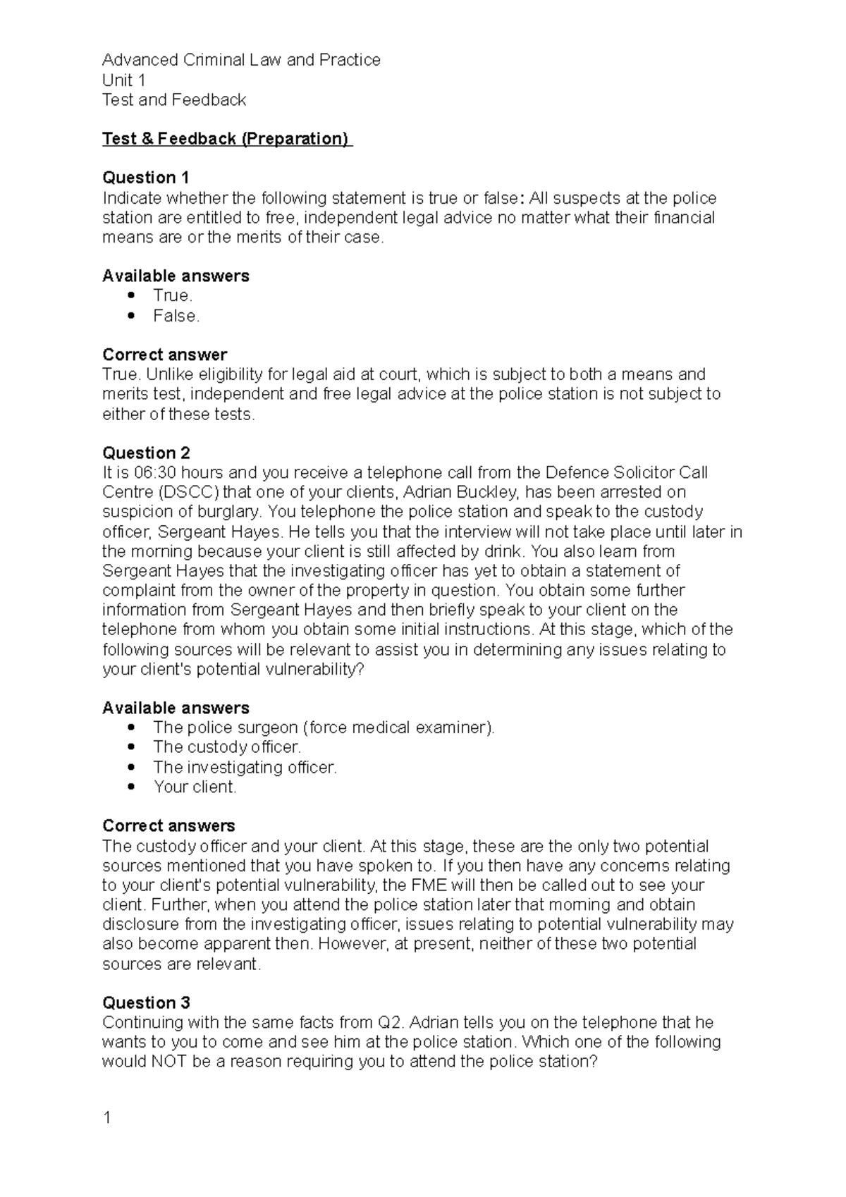 ACLP unit 1 test & feedback questions (MCQs) - 2020/21 - Studocu