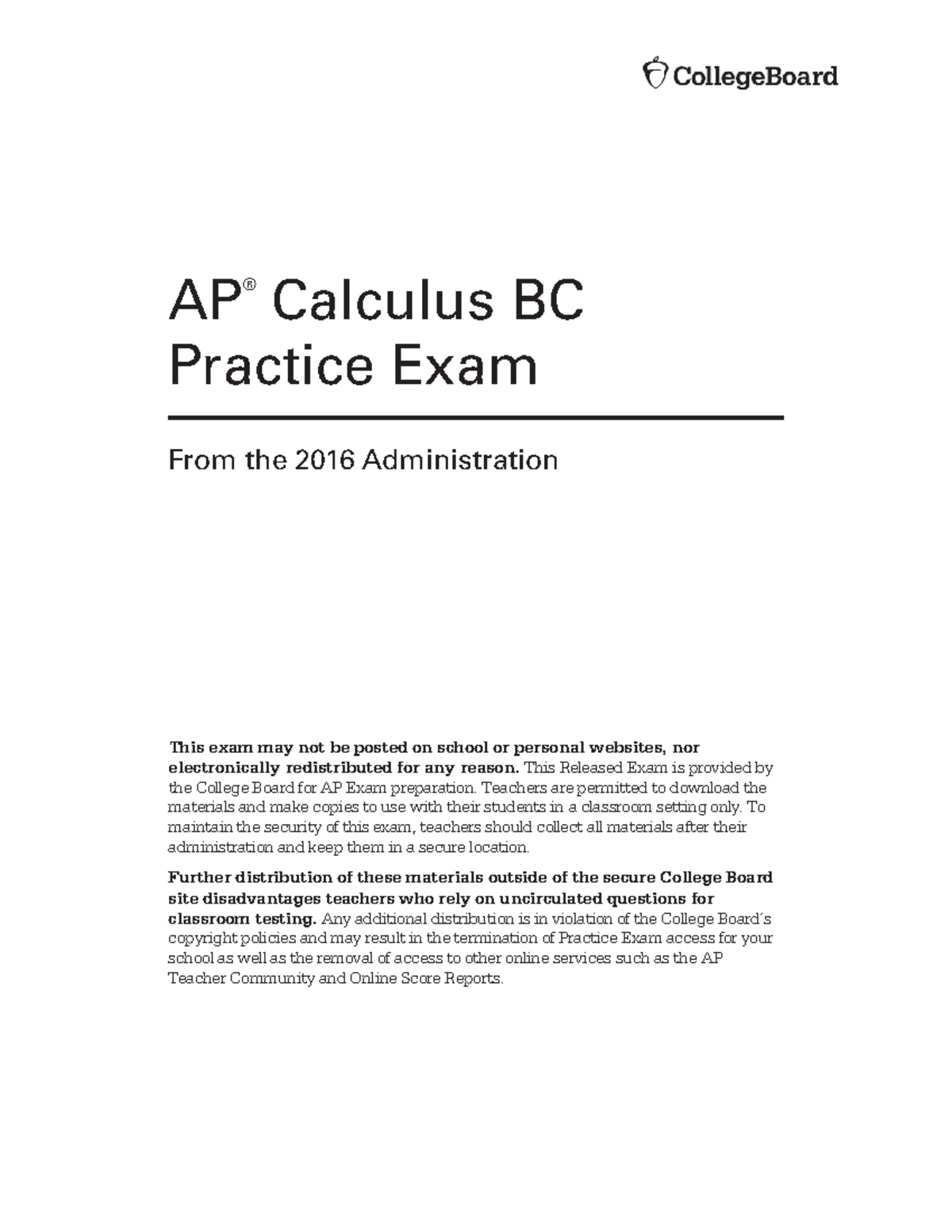 IPE 2016 Calculus BC(1) - AP ® Calculus BC Practice Exam From the 2016 ...
