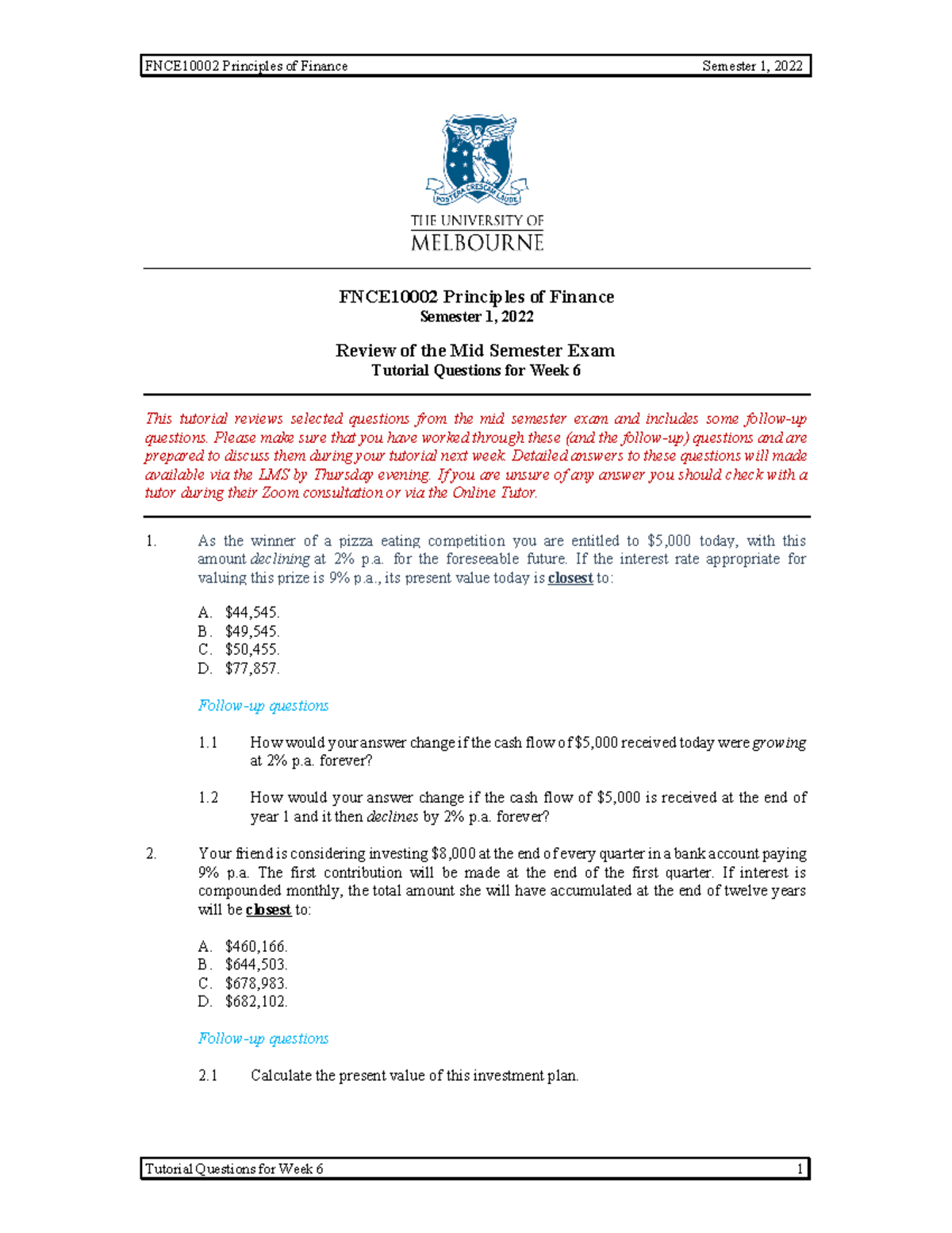 Tutorial 06 - Mid Sem Exam Review - FNCE10002 Principles of Finance ...