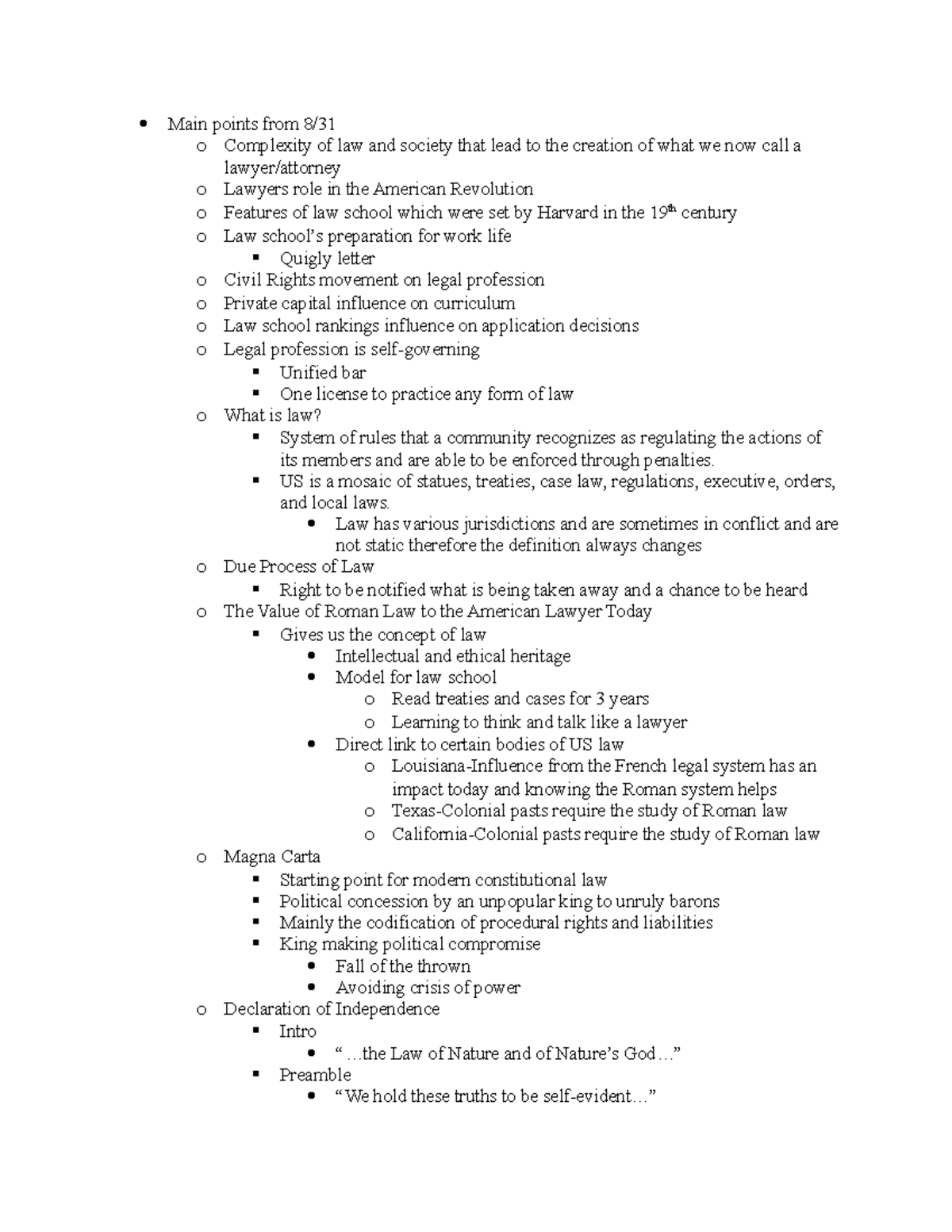 09/04/2018 Class Notes - Main points from 8/ o Complexity of law and ...