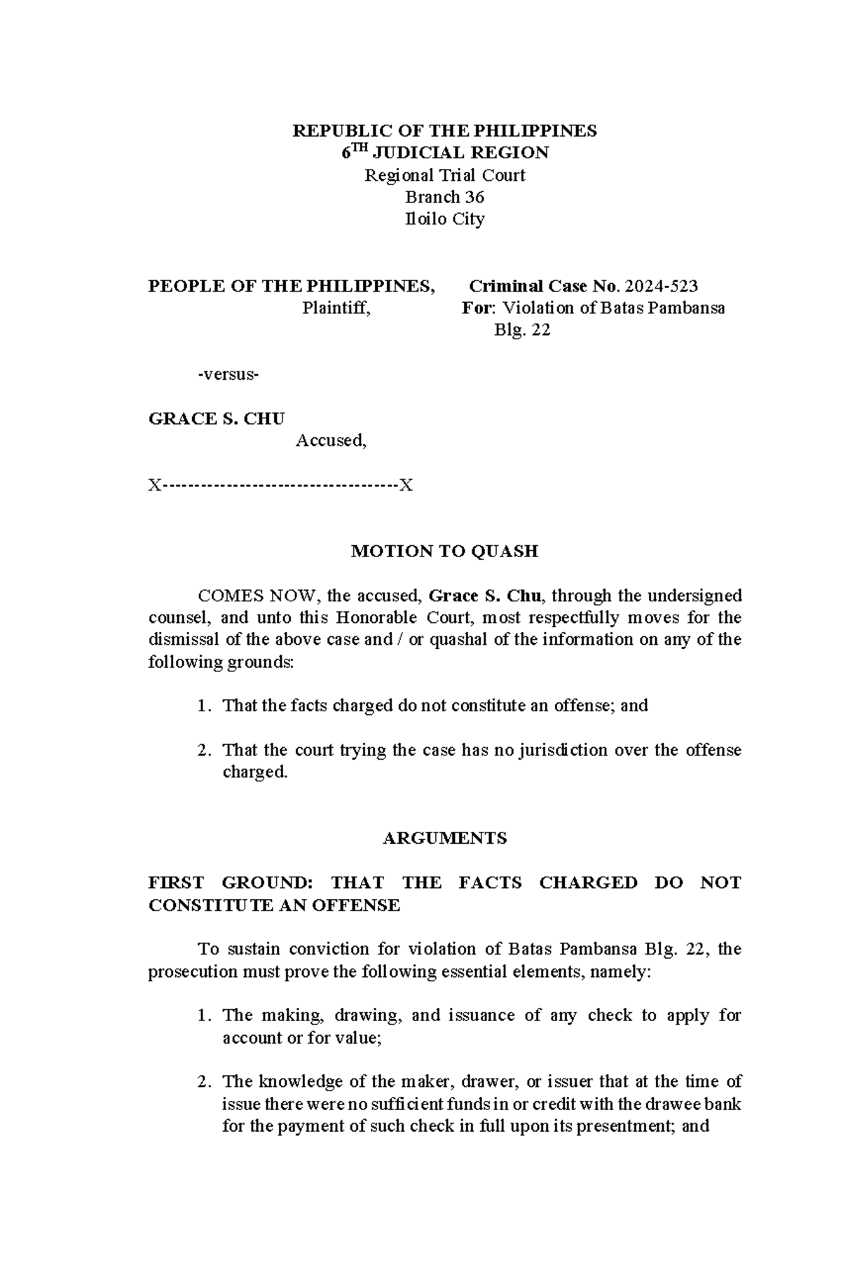 Sample Quash - REPUBLIC OF THE PHILIPPINES 6 TH JUDICIAL REGION ...