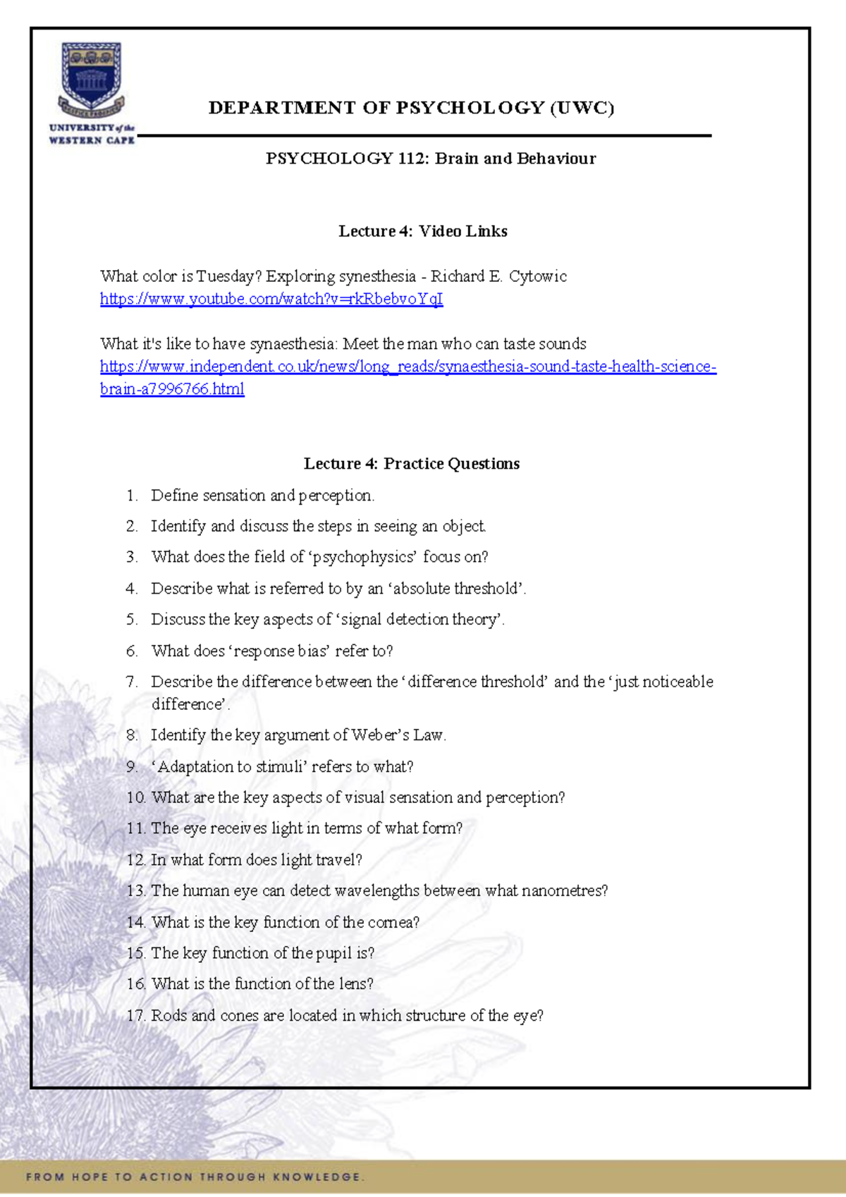PSY112 Lecture 4 Practice questions DEPARTMENT OF PSYCHOLOGY (UWC