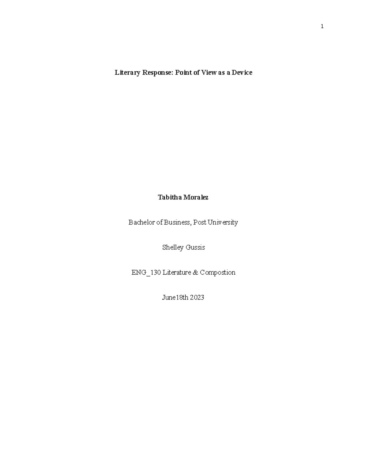 Literary Response The lottery.edited copy turn in copy Literary Response Point of View as a