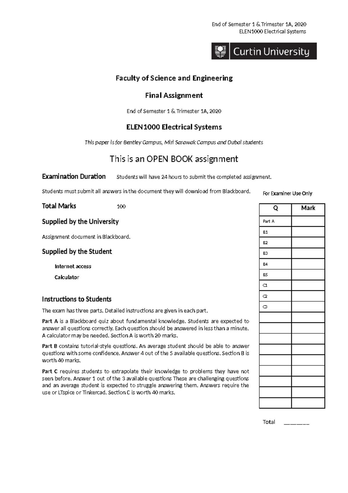 ELEN1000 21 2020 solutions - End of Semester 1 & Trimester 1A, 2020 ...