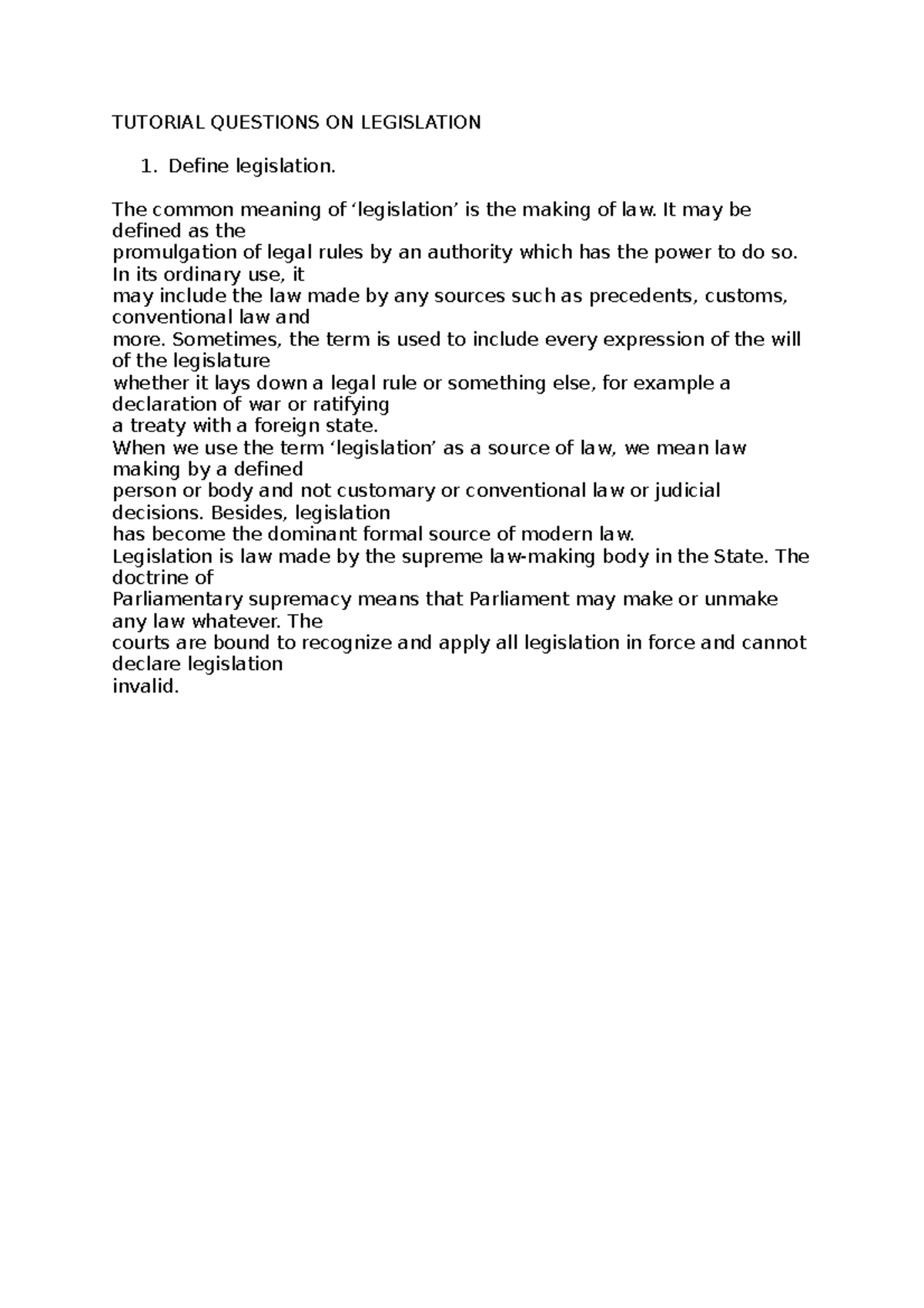 Legal method tuto 1 TUTORIAL QUESTIONS ON LEGISLATION Define