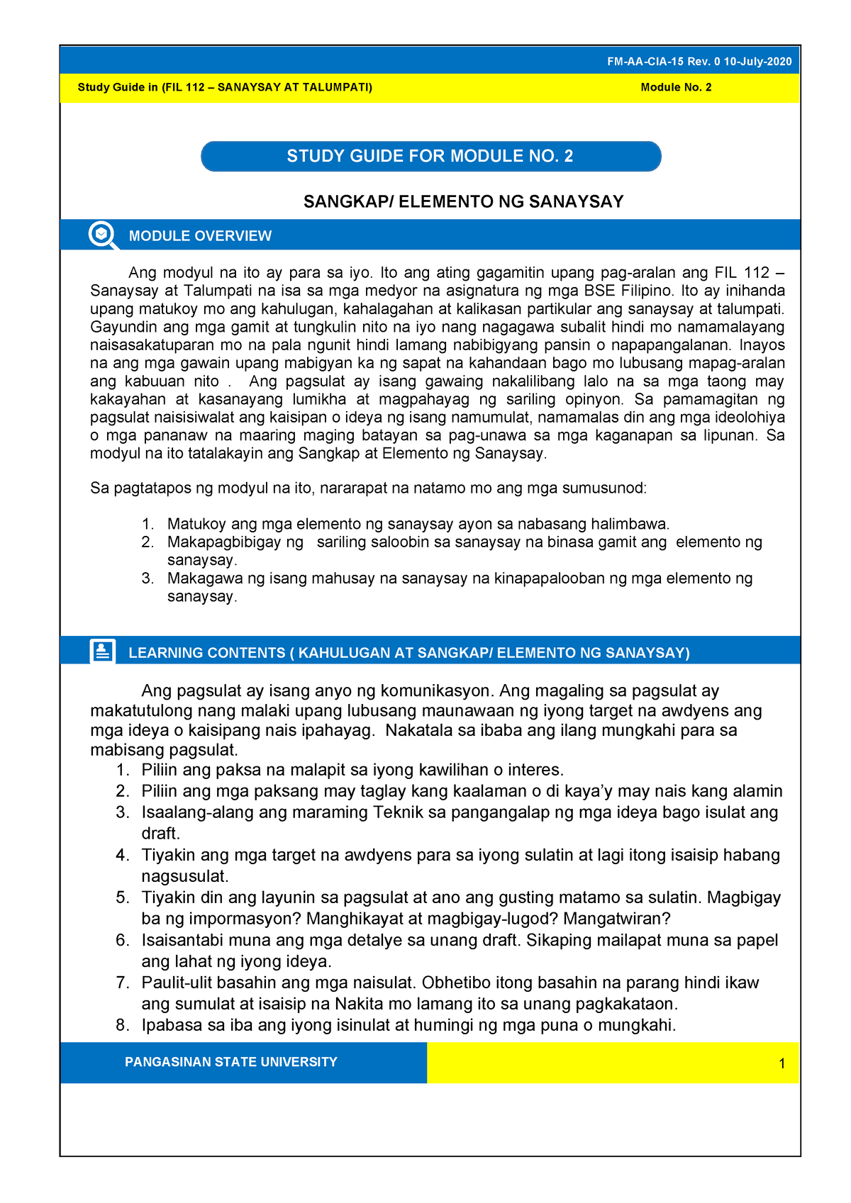 Modyul 2 - Sanaysay At Talumpati - STUDY GUIDE FOR MODULE NO. 2 Study ...