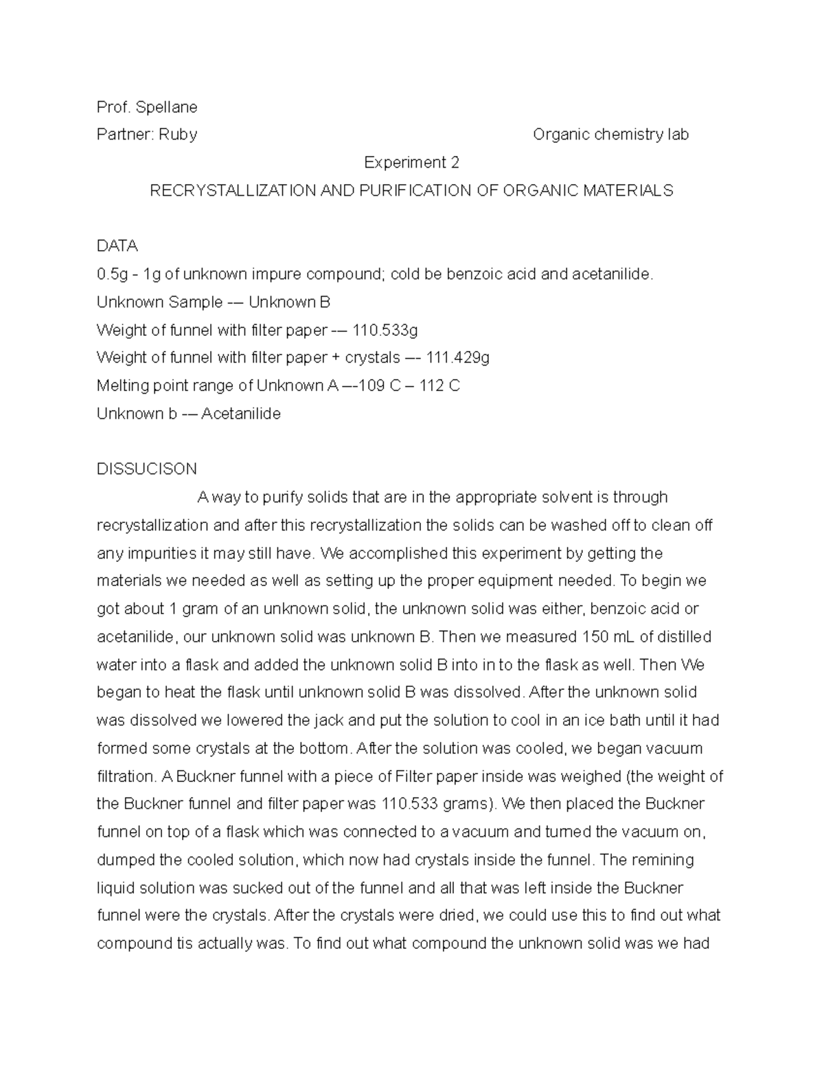 Organic Chem Lab Report 2 RECRYSTALLIZATION AND PURIFICATION OF ORGANIC ...