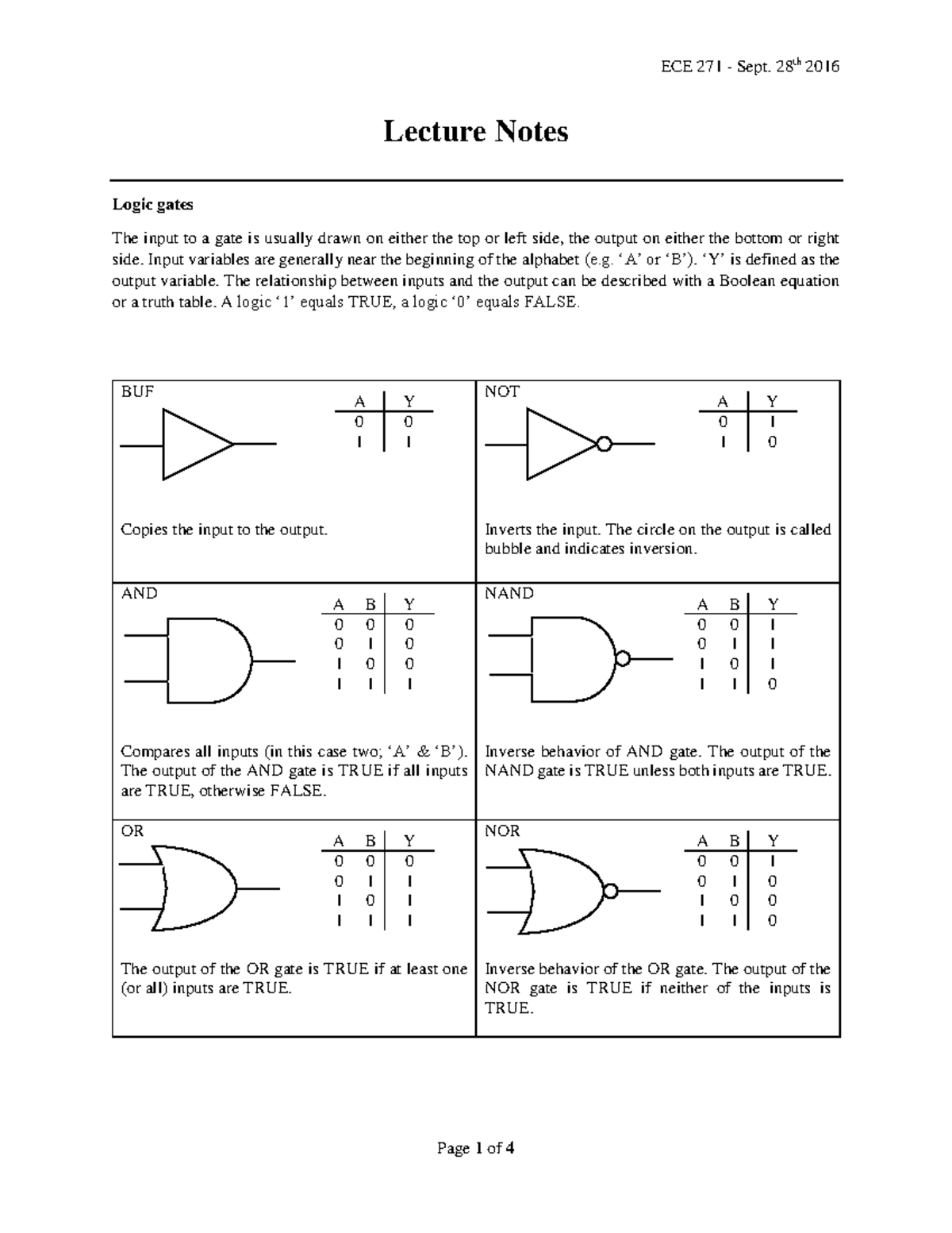 Lecture 02 ECE 271 Sept 28th 2016 Lecture Notes Logic gates The