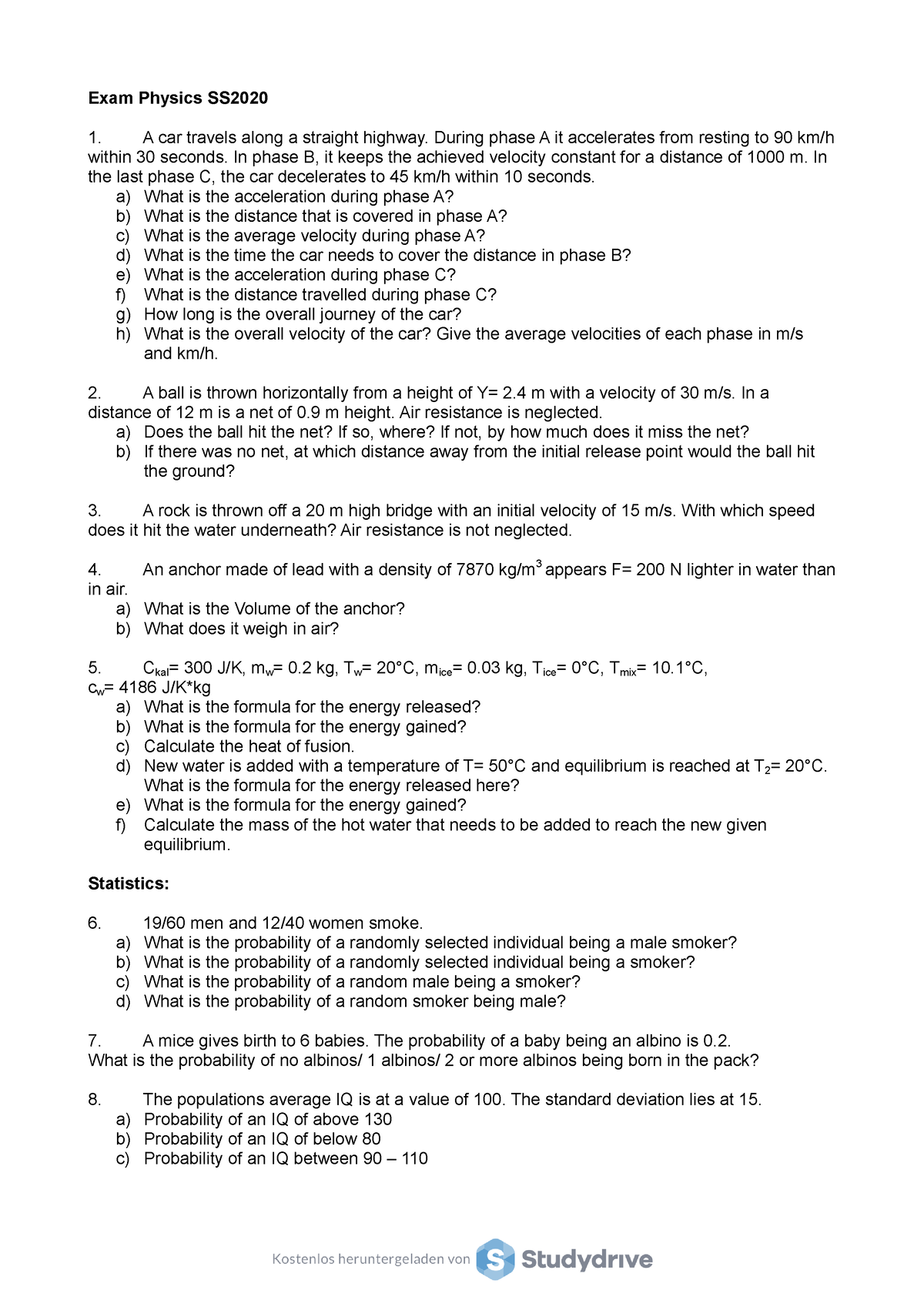 Physics And Statistics Exam SS20 - Exam Physics SS A Car Travels Along ...