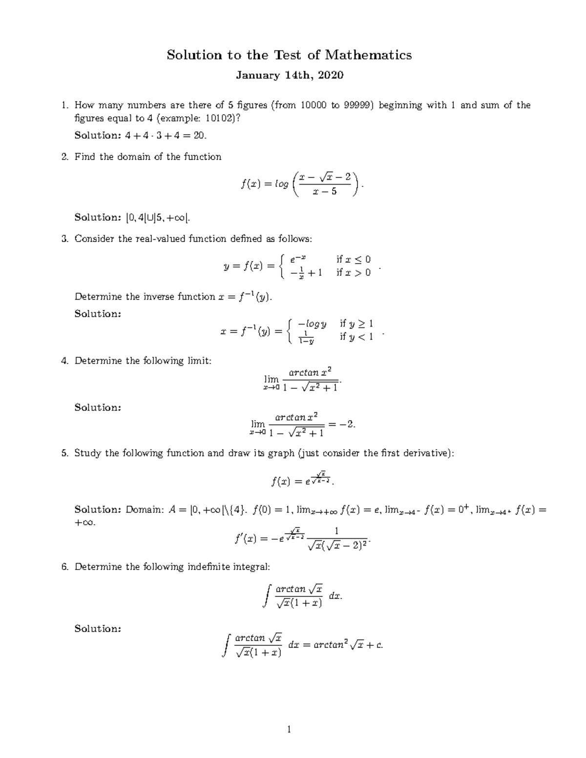 esame maths January 14, 2020 - Solution to the Test of Mathematics ...