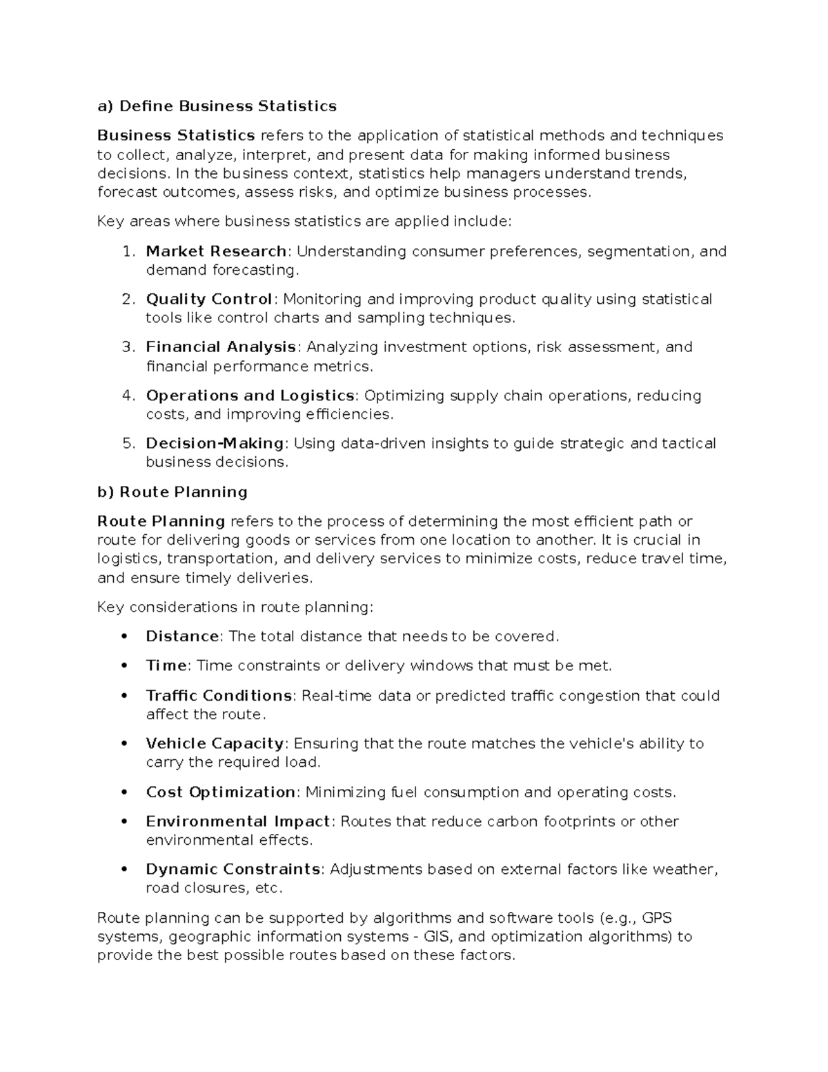 Supply chain internal paper - a) Define Business Statistics Business ...