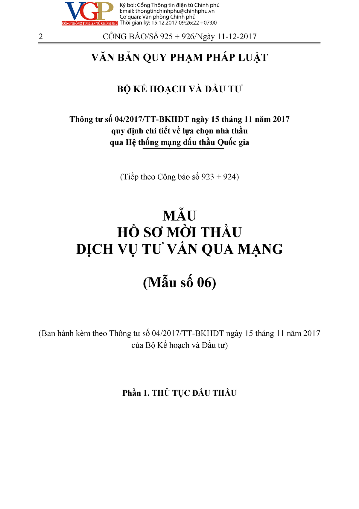 2017 925 + 926 04-2017-TT-BKHĐT - 2 C‘NG B¡O/Số 925 + 926/Ng‡y 11-12- V ...