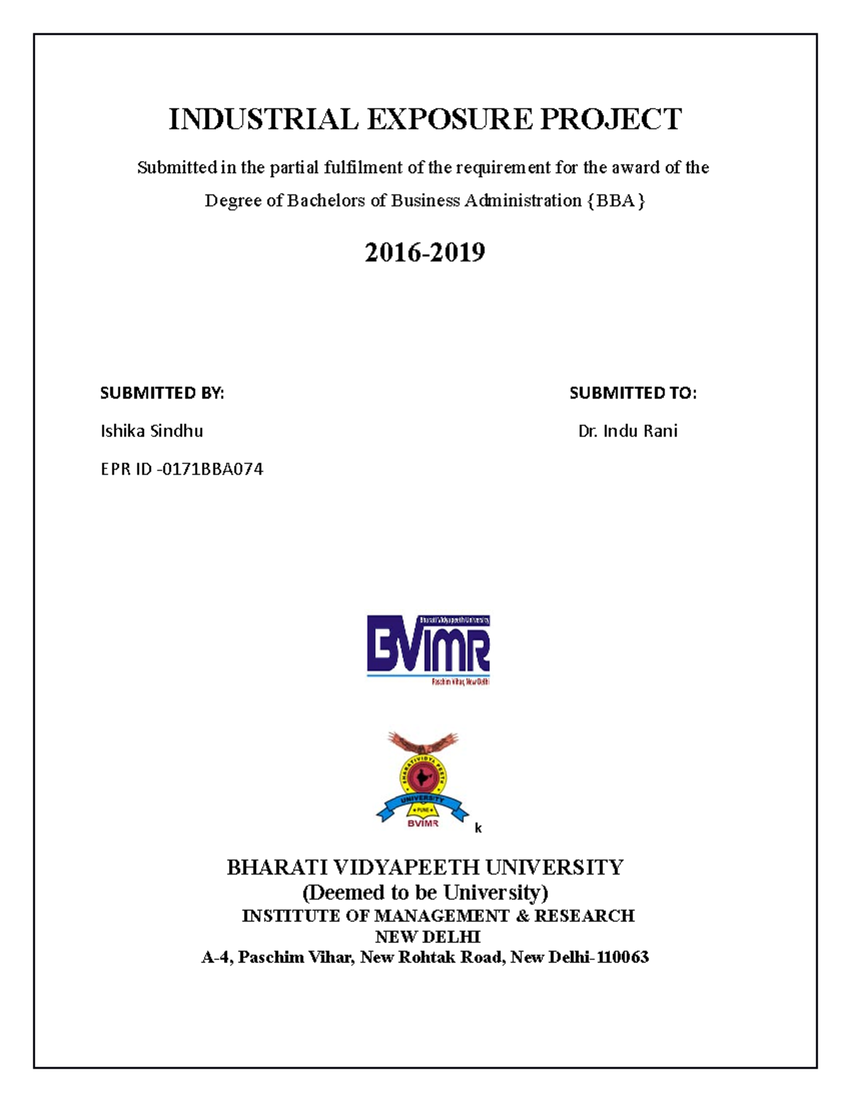 INDUSTRIAL EXPOSURE REPORT Industrial Training BVP Studocu