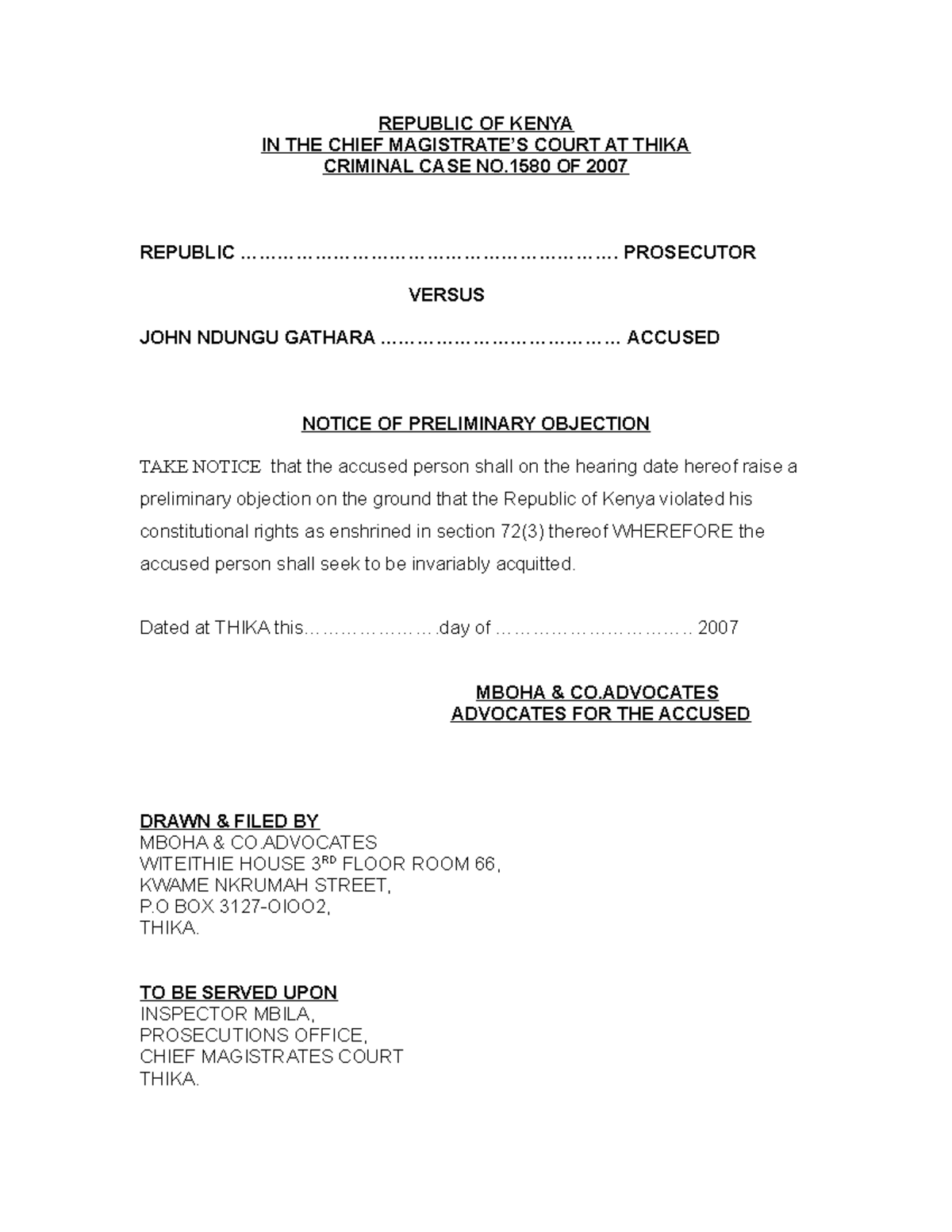 Notice Of Preliminary Objection REPUBLIC OF KENYA IN THE CHIEF