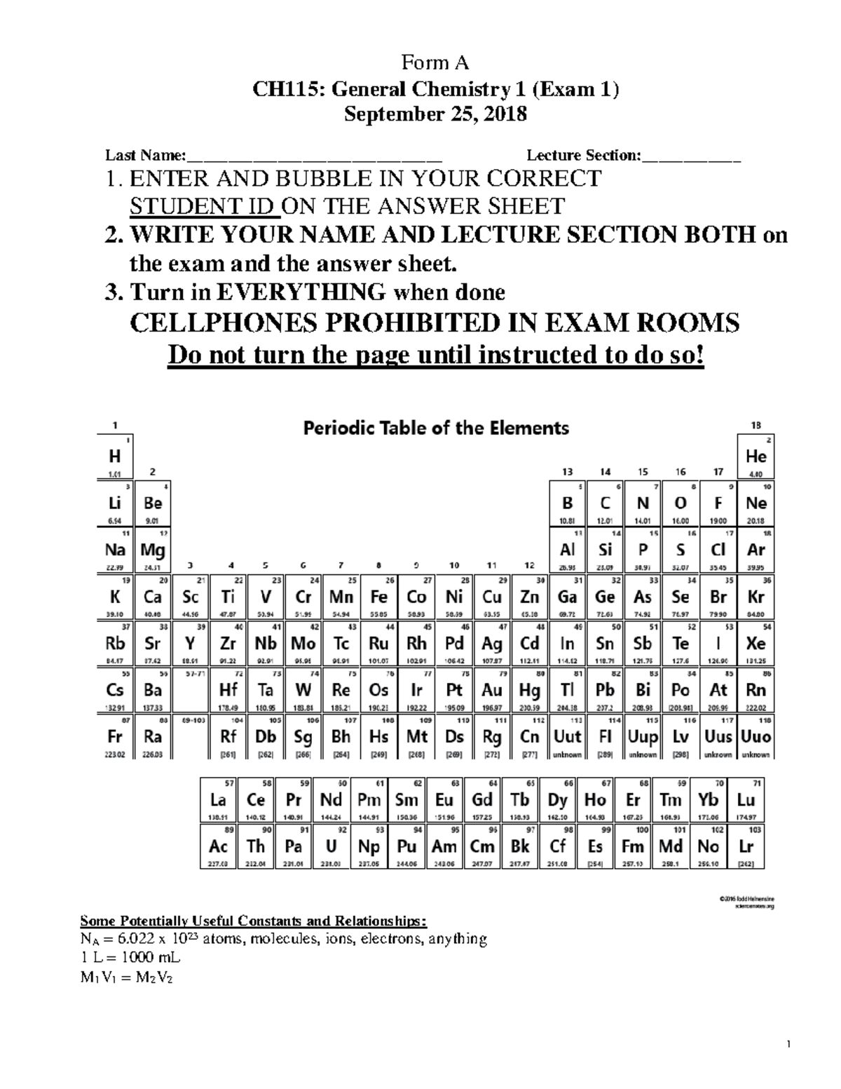Exam 1 Fall 2018 chem stevens institute CH115 General Chemistry 1 (Exam 1) September 25, 2018