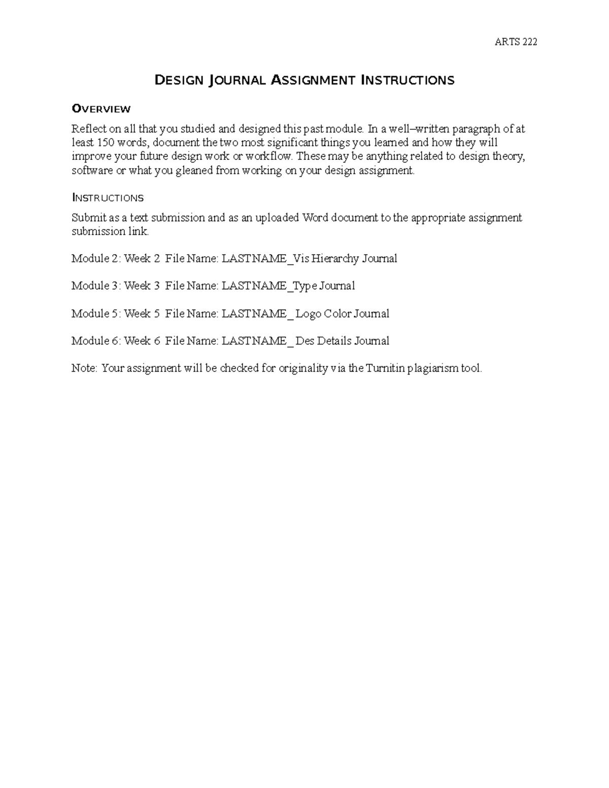 Design Journal Assignment Instructions - ARTS 222 DESIGN JOURNAL ...