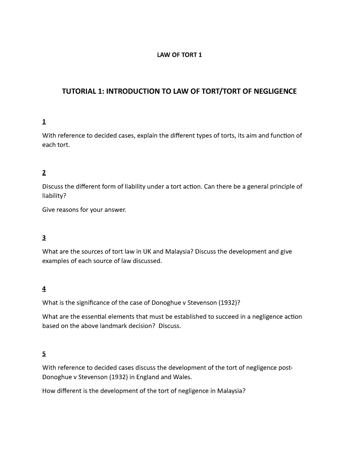 Tutorial 1 - LAW OF TORT 1 TUTORIAL 1: INTRODUCTION TO LAW OF TORT/TORT ...