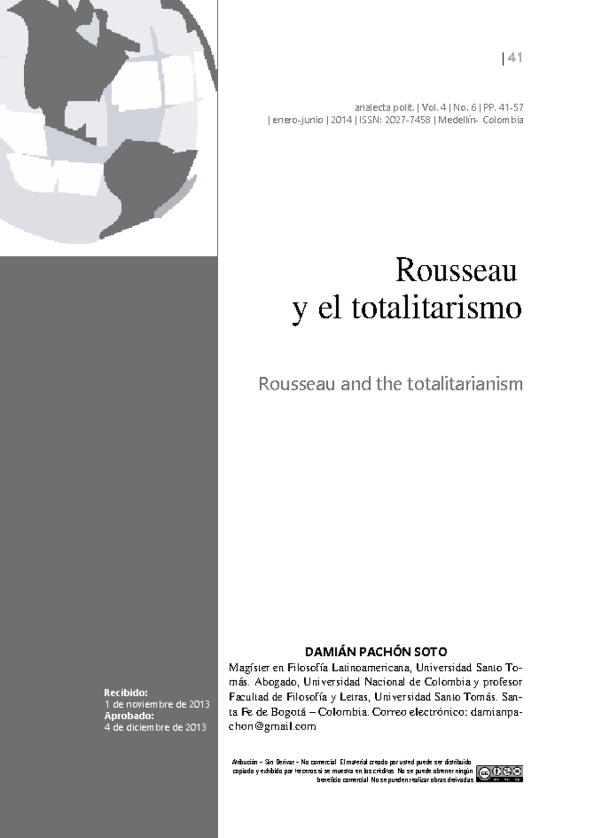 Rousseau y el totalitarismo - | 41 analecta polit. | Vol. 4 | No. 6 ...
