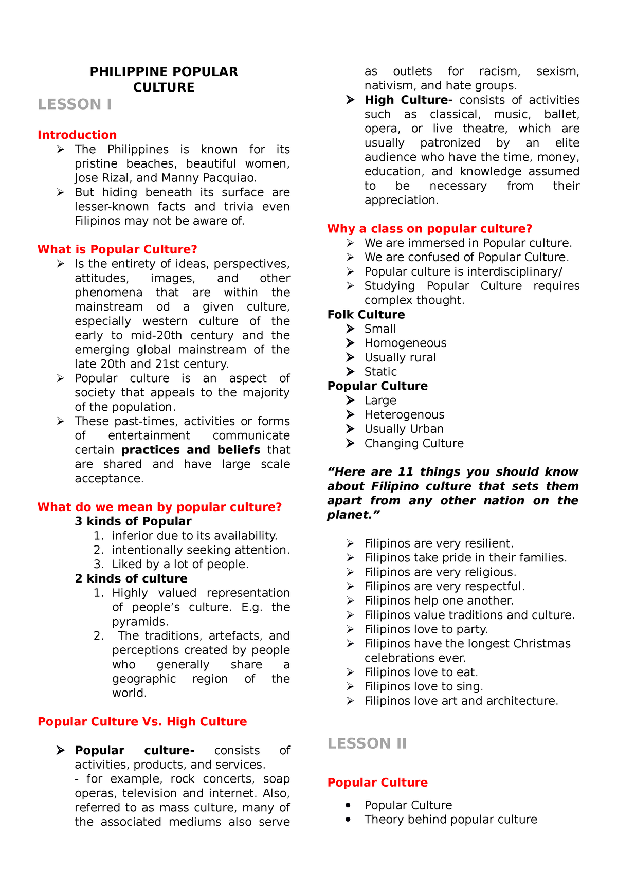 Philippine Popular Culture Handout PHILIPPINE POPULAR CULTURE LESSON 