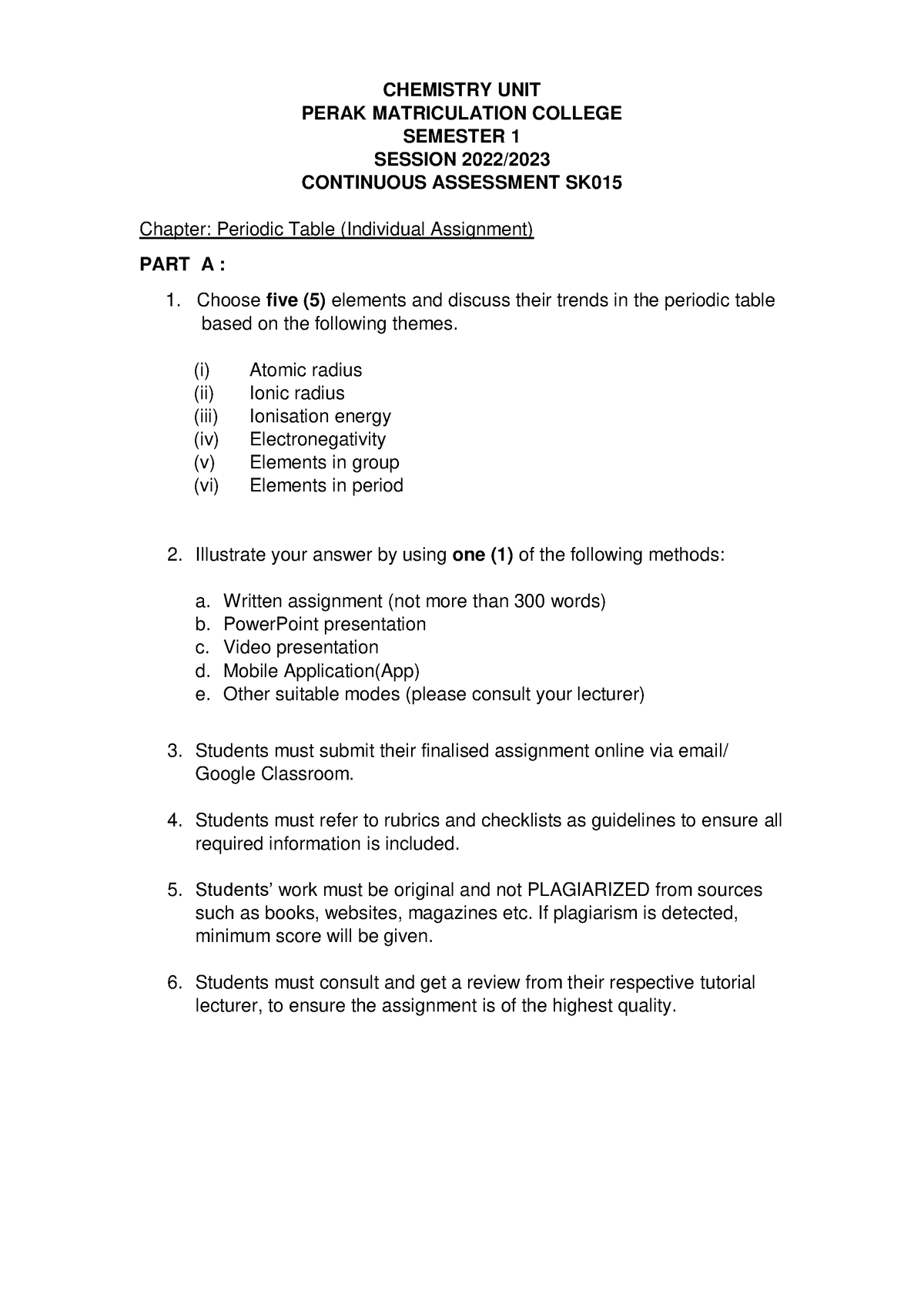 chemistry assignment matriculation