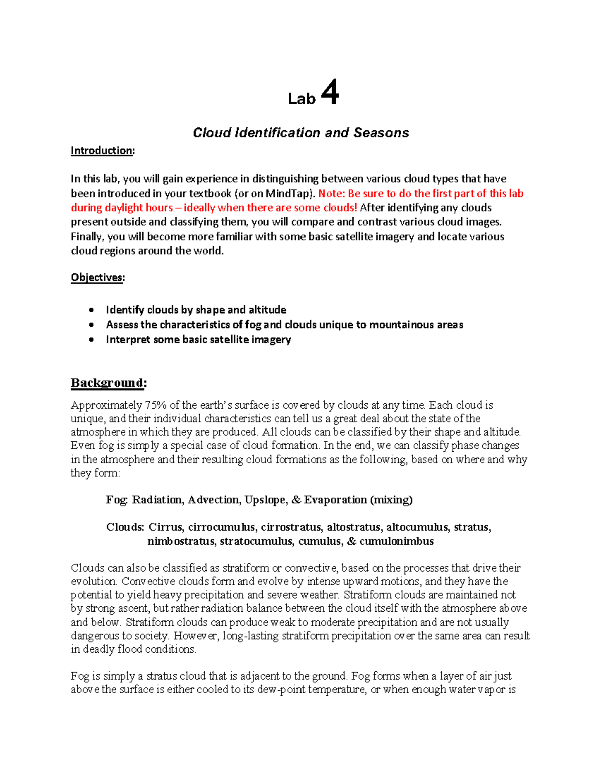 Lab 4 Clouds lab Lab 4 Cloud Identification and Seasons