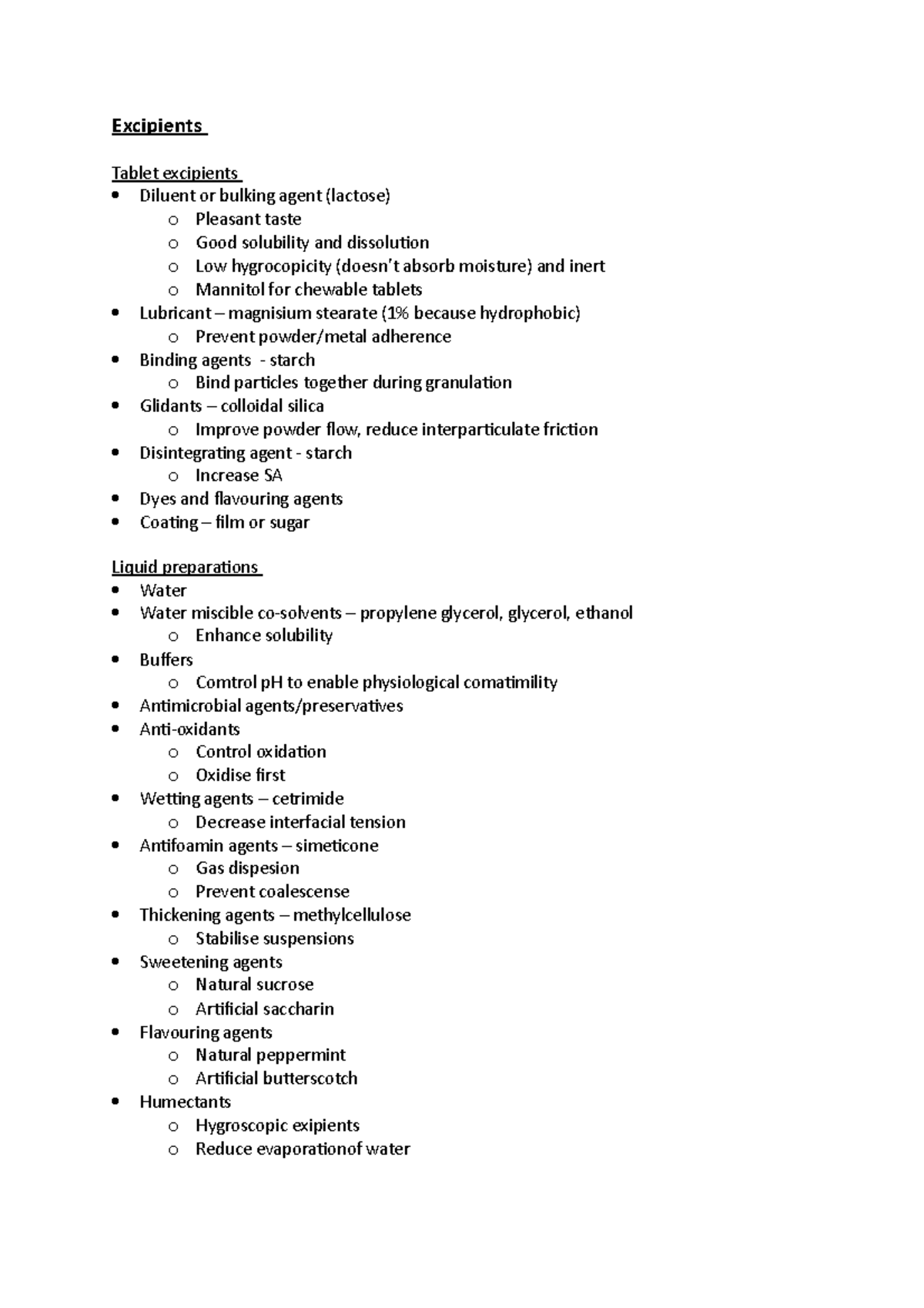 Excipients - revision notes - Excipients Tablet excipients Diluent or ...