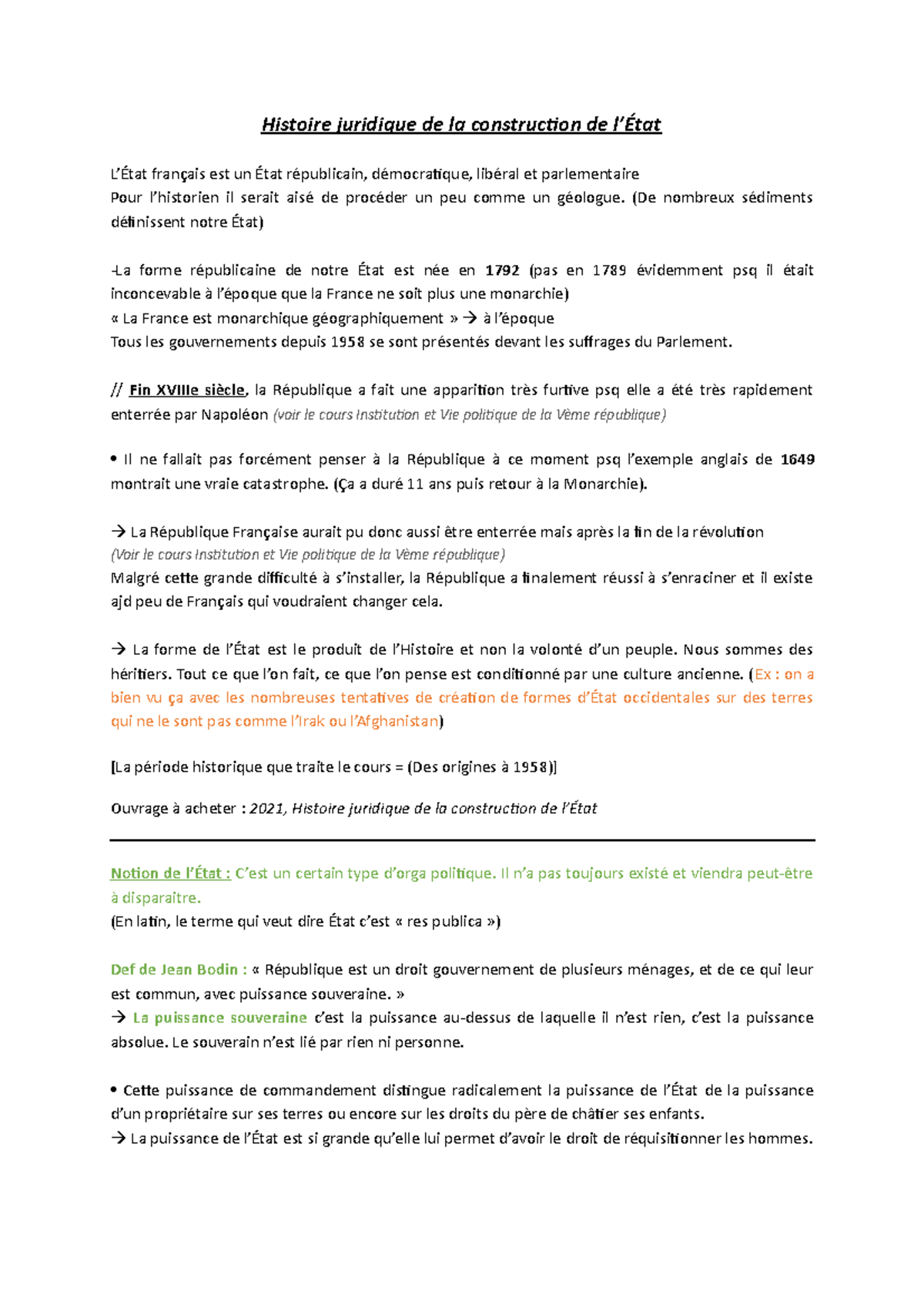 Cours du 10 septembre 2021 Histoire juridique de la construction de l’État L’État français est