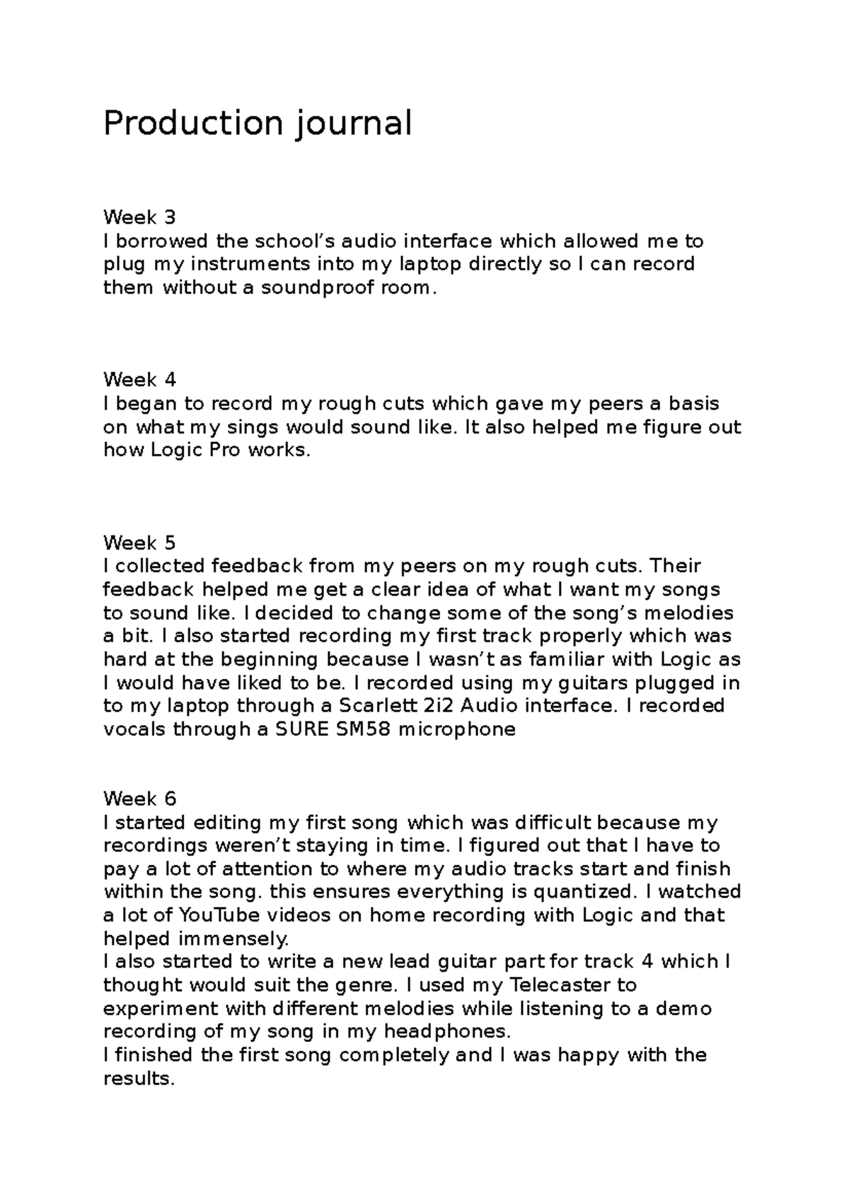 Production journal dqwiuhucdHBWKJFAHMCqa Production journal Week 3