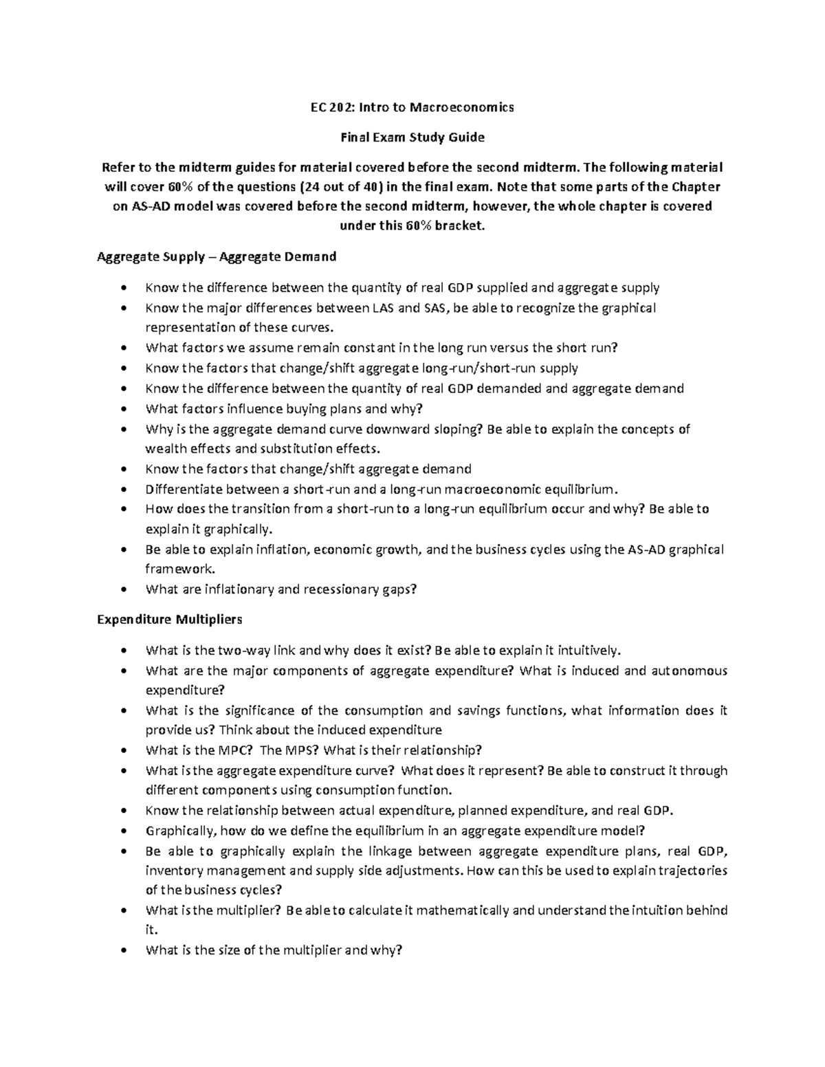 Final Study Guide S2022 - EC 202: Intro to Macroeconomics Final Exam ...