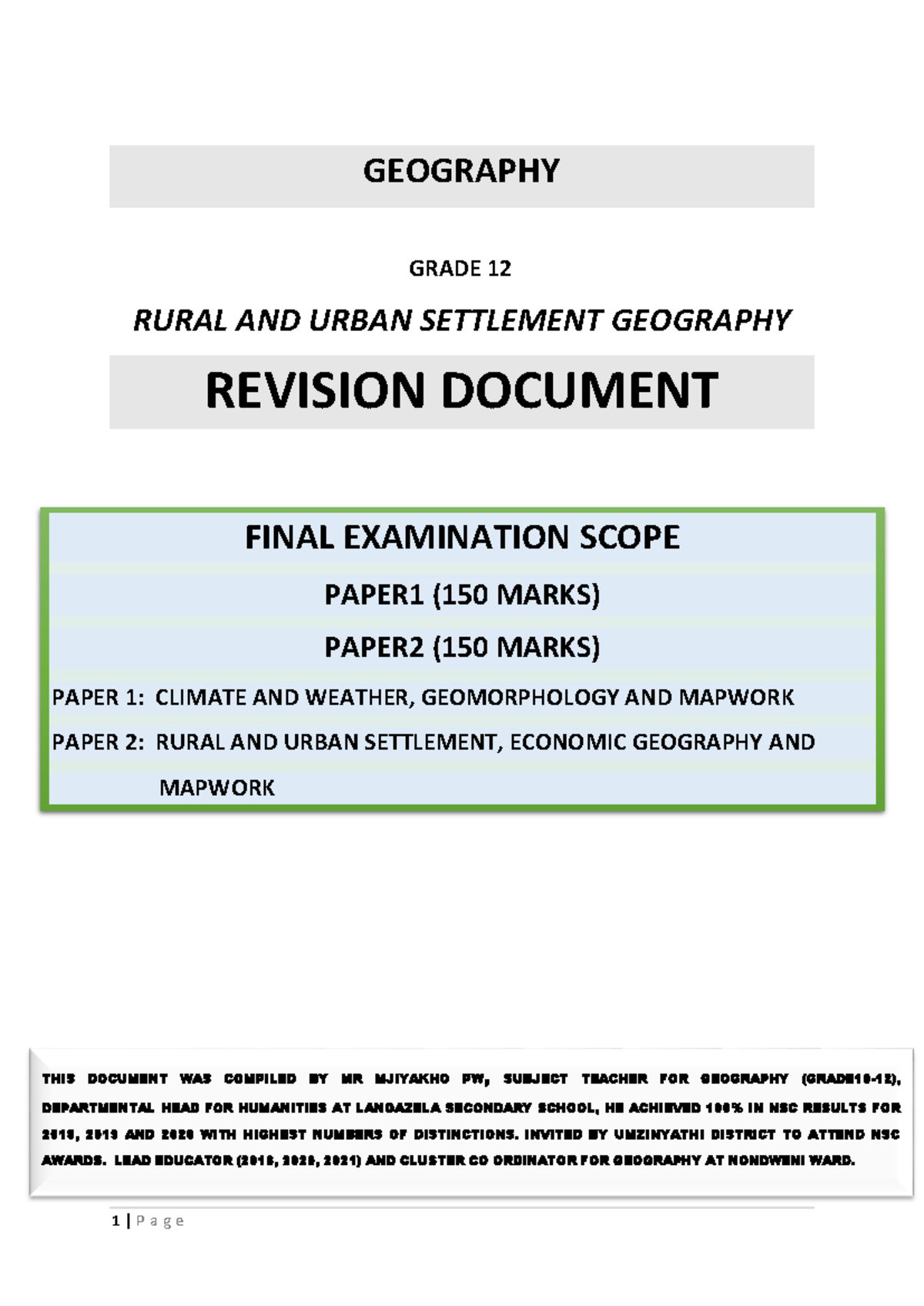 0 Settlements ( Rural AND Urban) Revision Document - GEOGRAPHY GRADE 12 ...