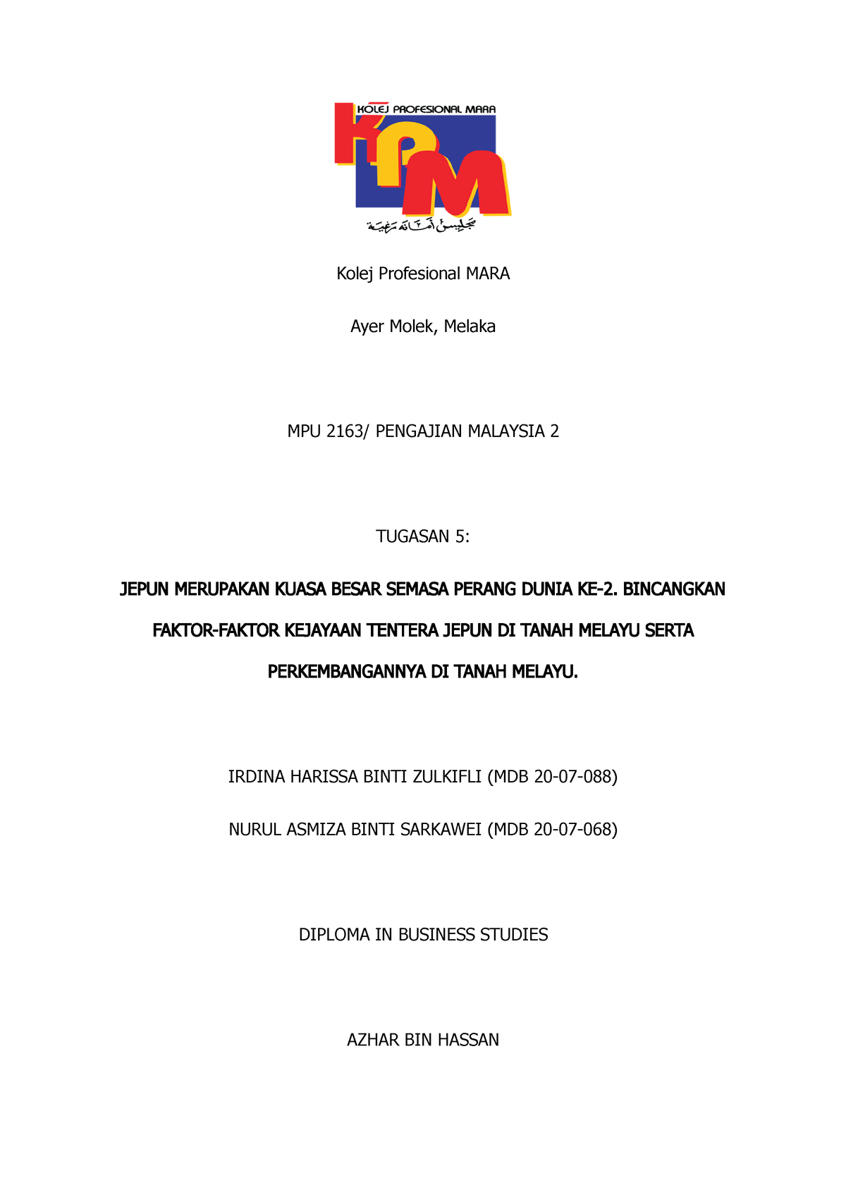 Mpu Assignment - Wsdsfe - Kolej Profesional MARA Ayer Molek, Melaka MPU ...