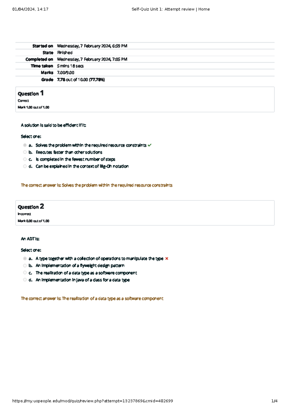 Self-Quiz Unit 1 Attempt review Home - Started on Wednesday, 7 February ...