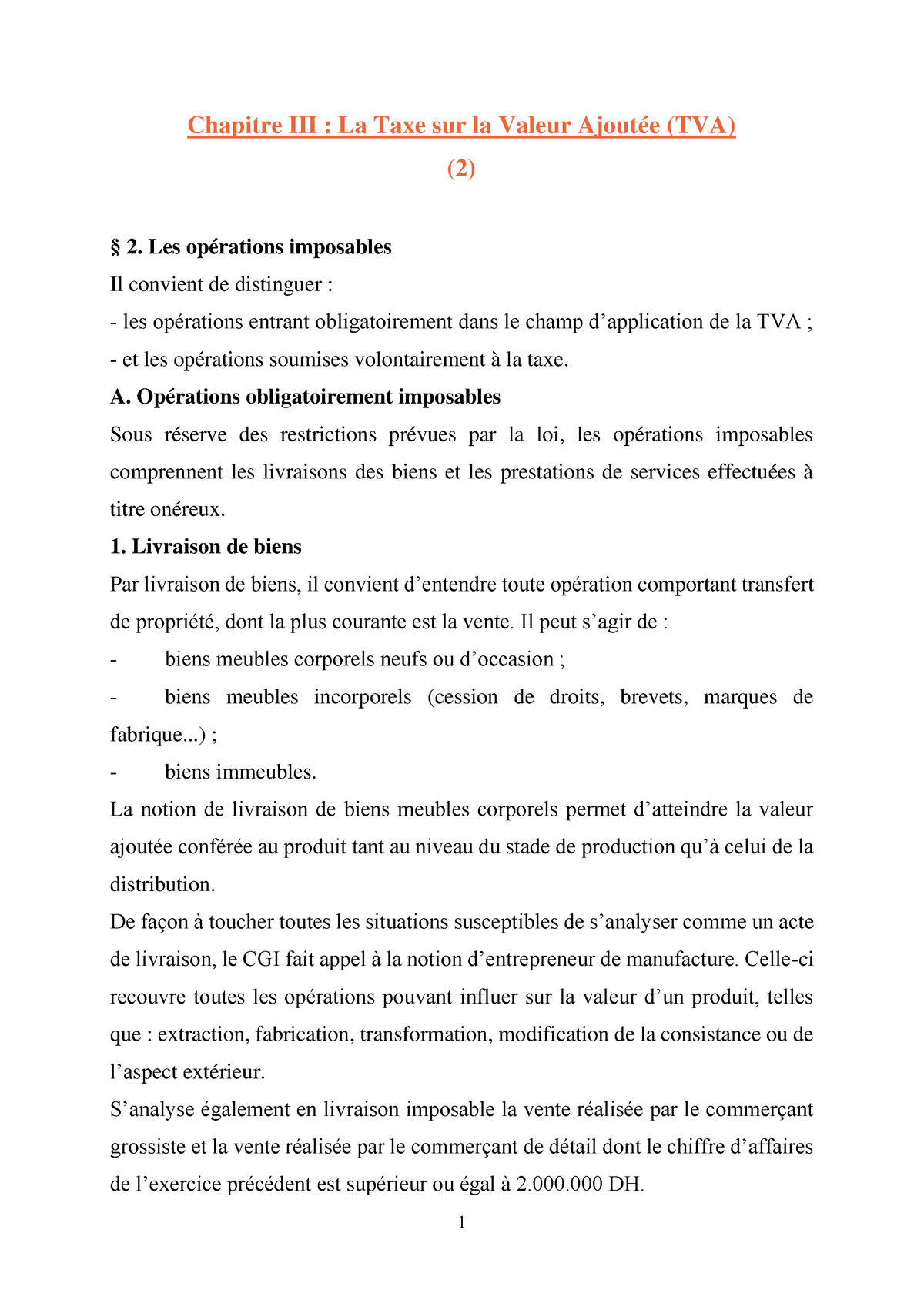 2 - Opérations Imposables à La TVA - 1 Chapitre III : La Taxe Sur La ...