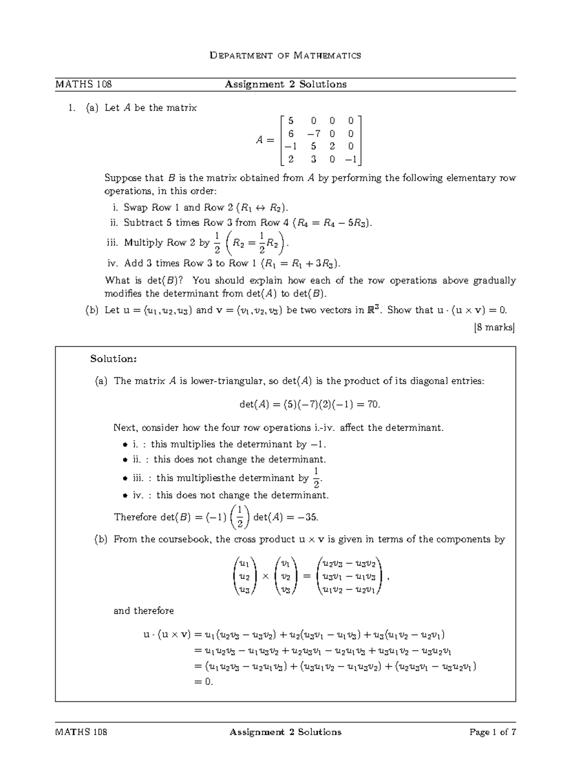 Solutions assignment 3 - Department of Mathematics MATHS 108 Assignment ...
