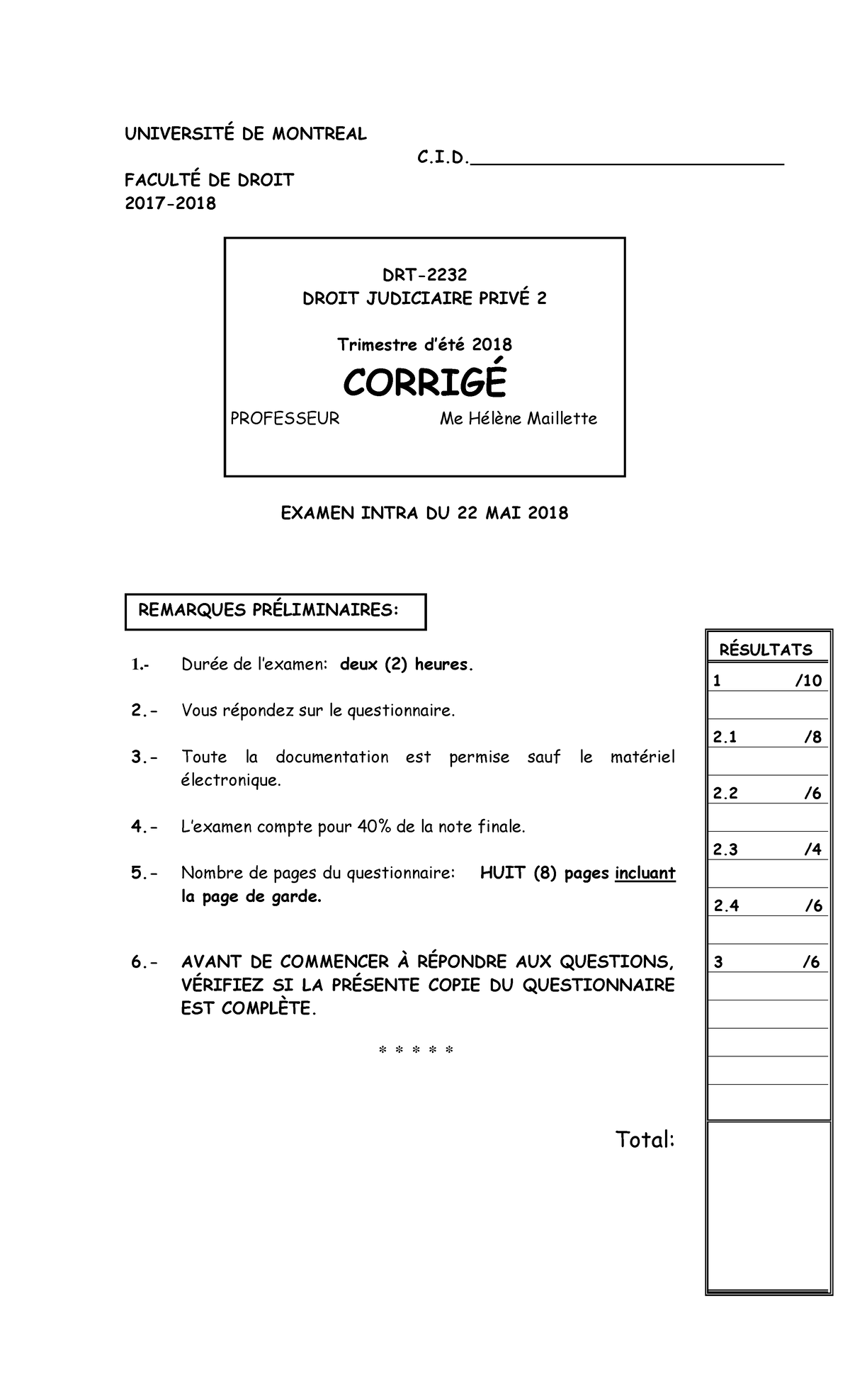 Corrig Intra 22 05 2018 UNIVERSIT DE MONTREAL C I 