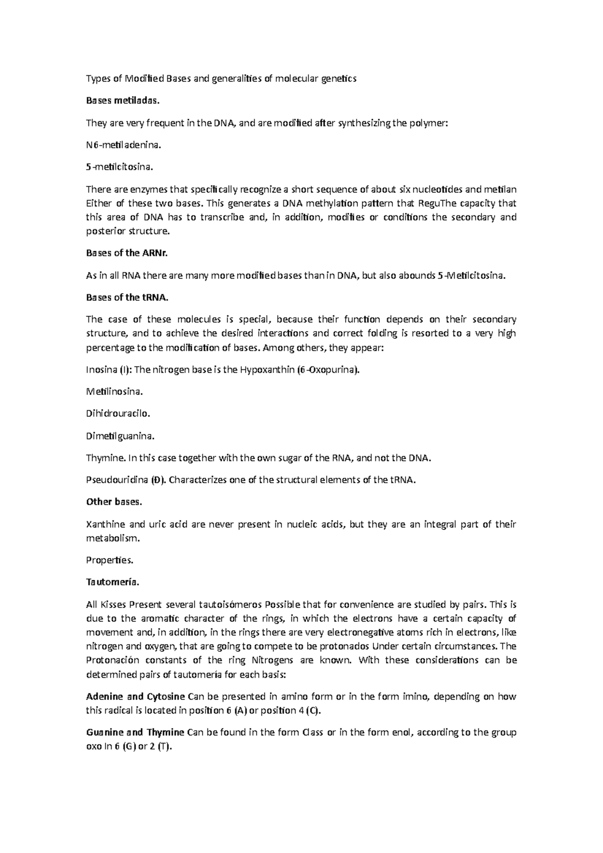 Types of Modified Bases and generalities of molecular genetics - They ...