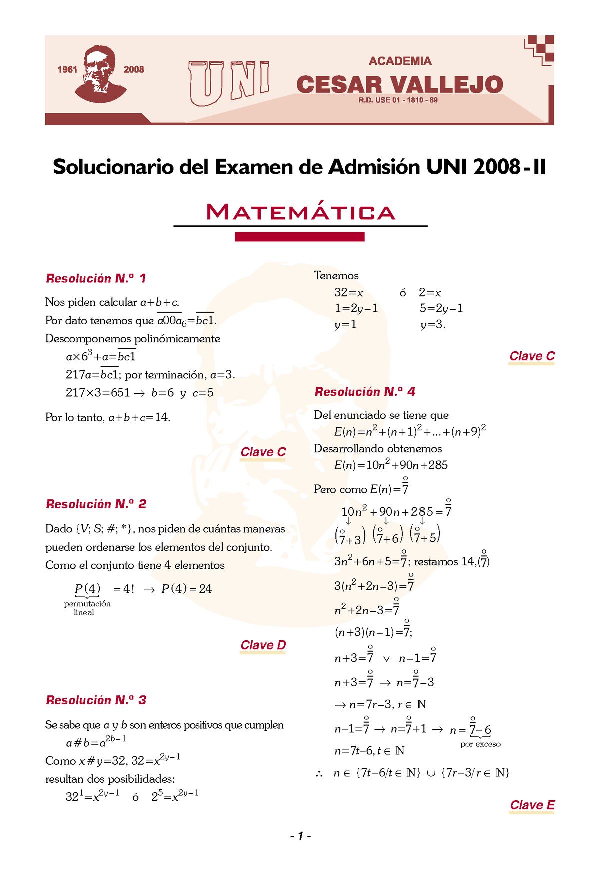 2008-2 - Mat - Solo Solucion - Solucionario Del Examen De Admisión UNI ...