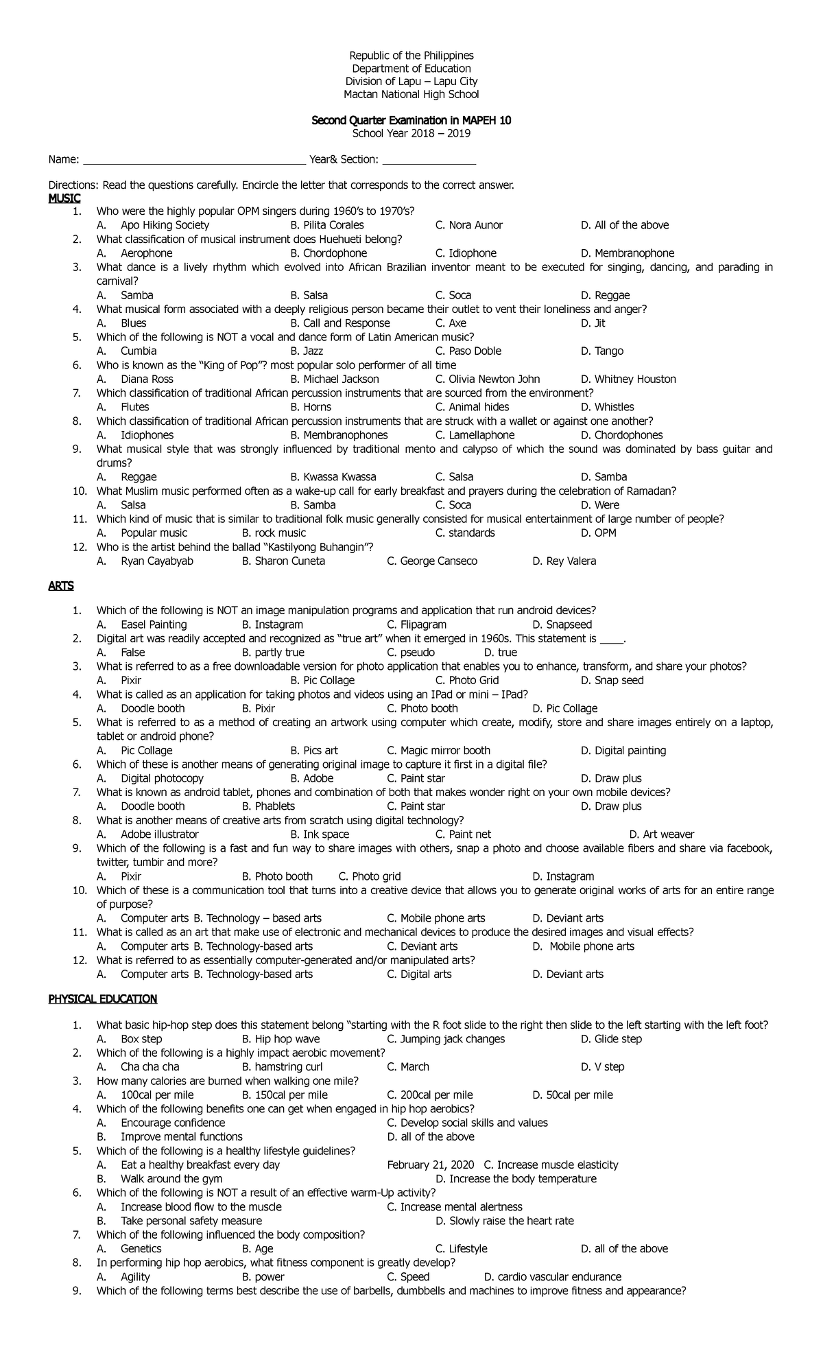 Gr10 - Test - Republic of the Philippines Department of Education ...