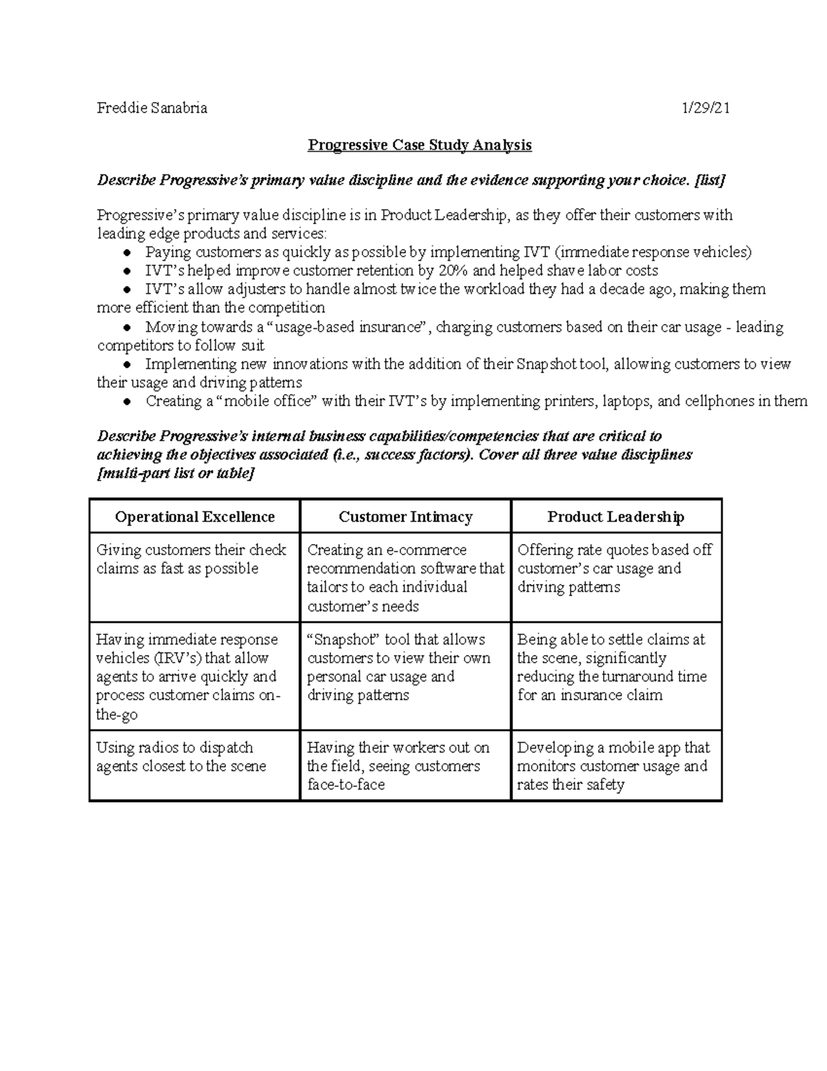 MISM Progressive Case Study doc - Freddie Sanabria 1/29/ Progressive ...