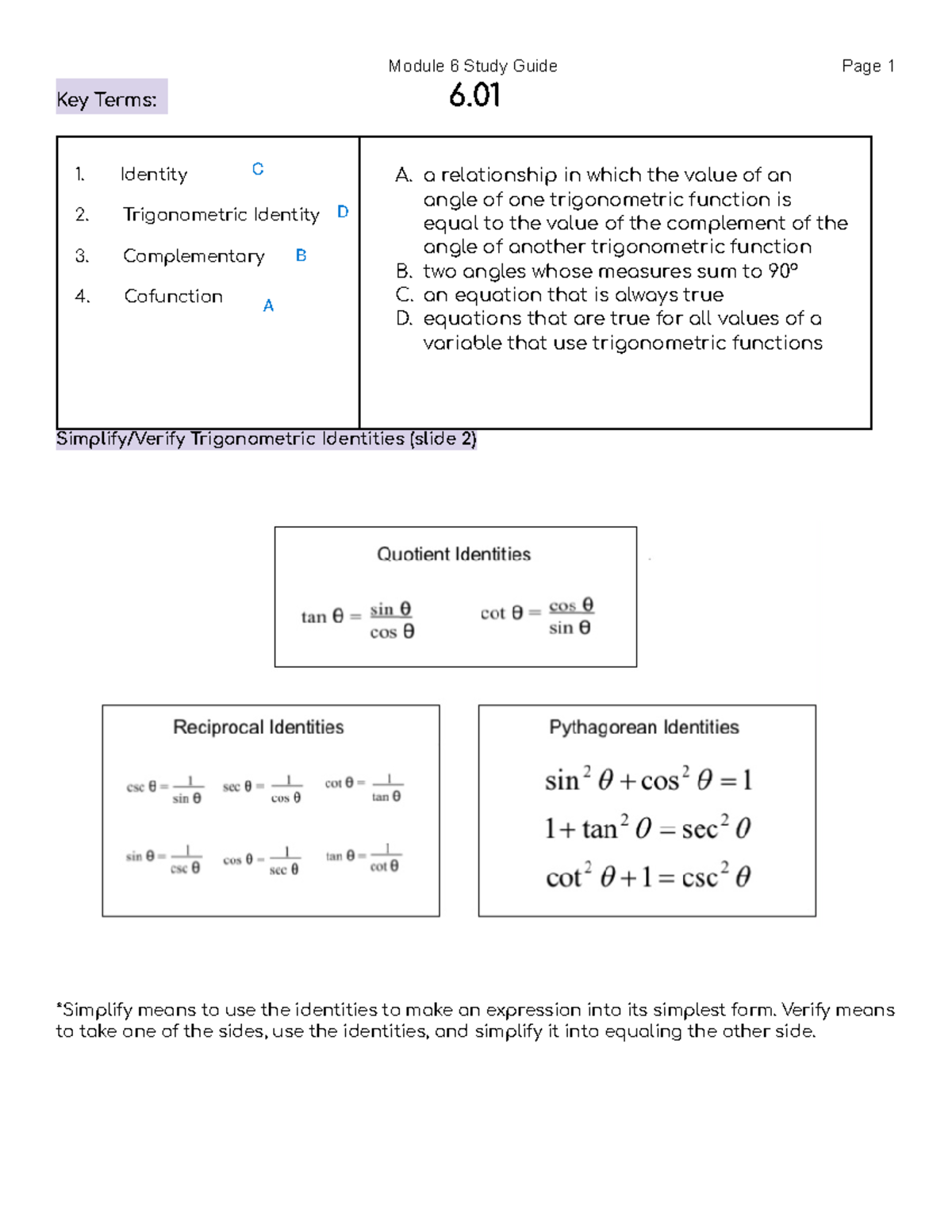 Study Guide -Module 6 - Trigonometric Identities And Formulas - Google ...