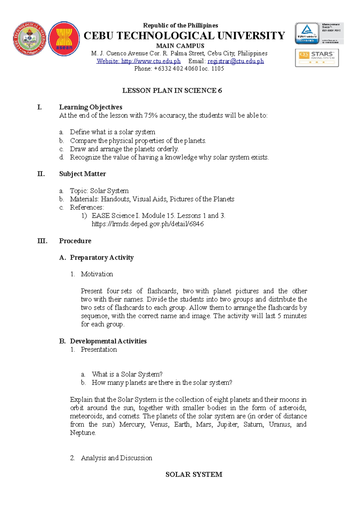 Lesson PLAN IN Science - Republic of the Phillipines CEBU TECHNOLOGICAL ...