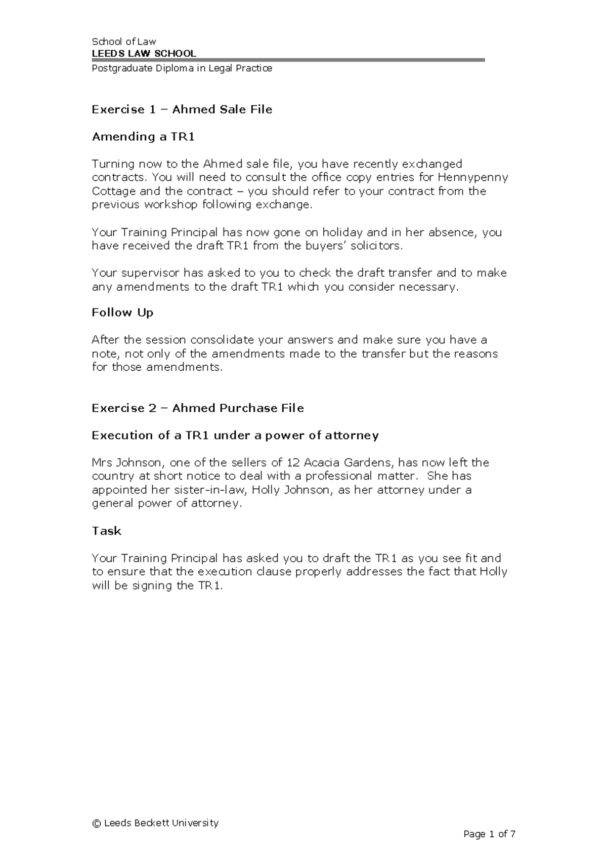 Student workshop 5 exercises - LEEDS LAW SCHOOL Postgraduate Diploma in ...